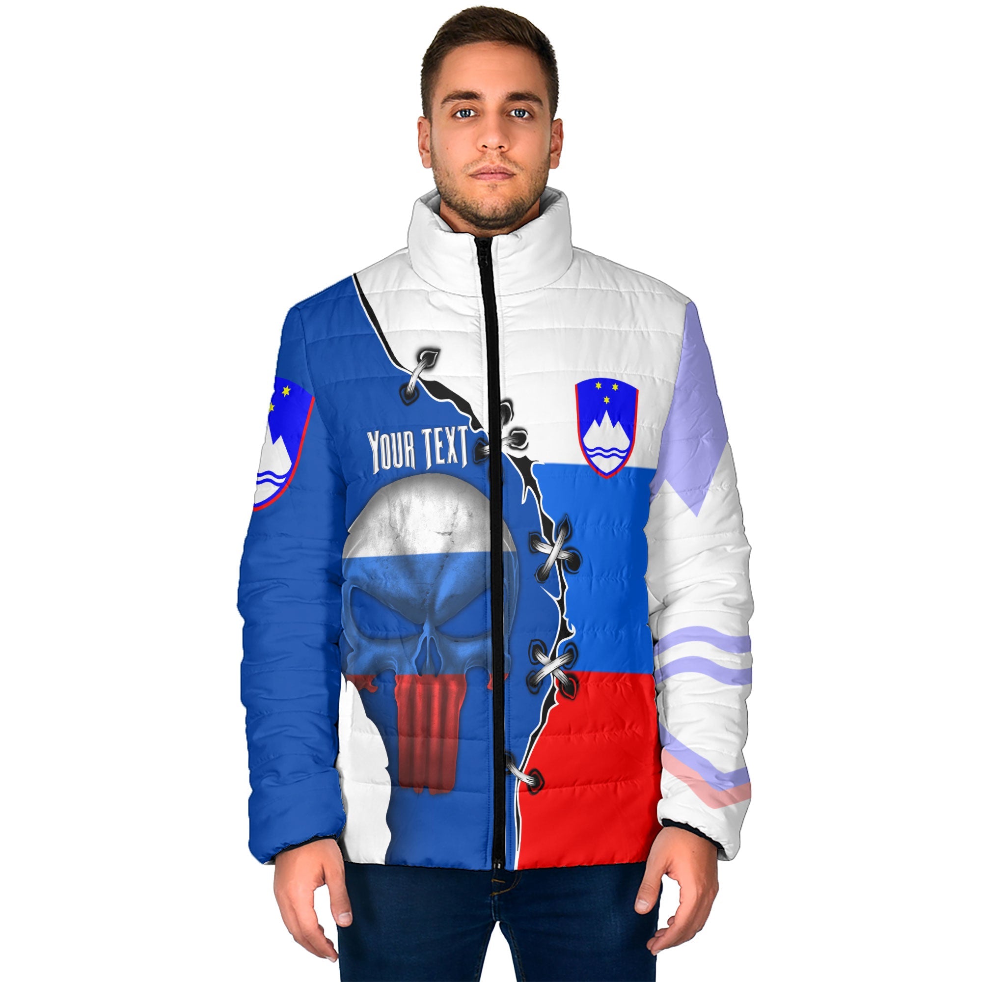 Slovenia Men Padded Jacket Flag & Coat Of Arms Skull Style