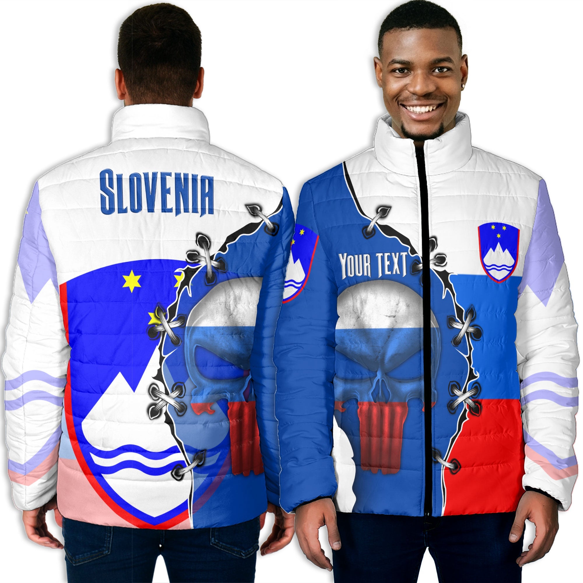 Slovenia Men Padded Jacket Flag & Coat Of Arms Skull Style