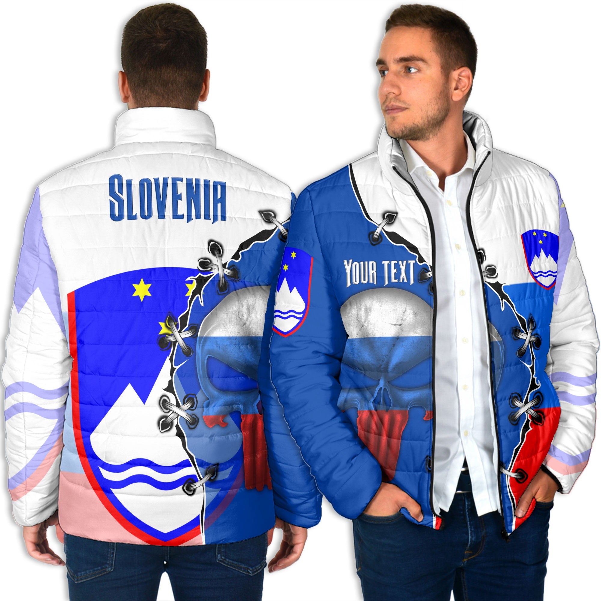 Slovenia Men Padded Jacket Flag & Coat Of Arms Skull Style