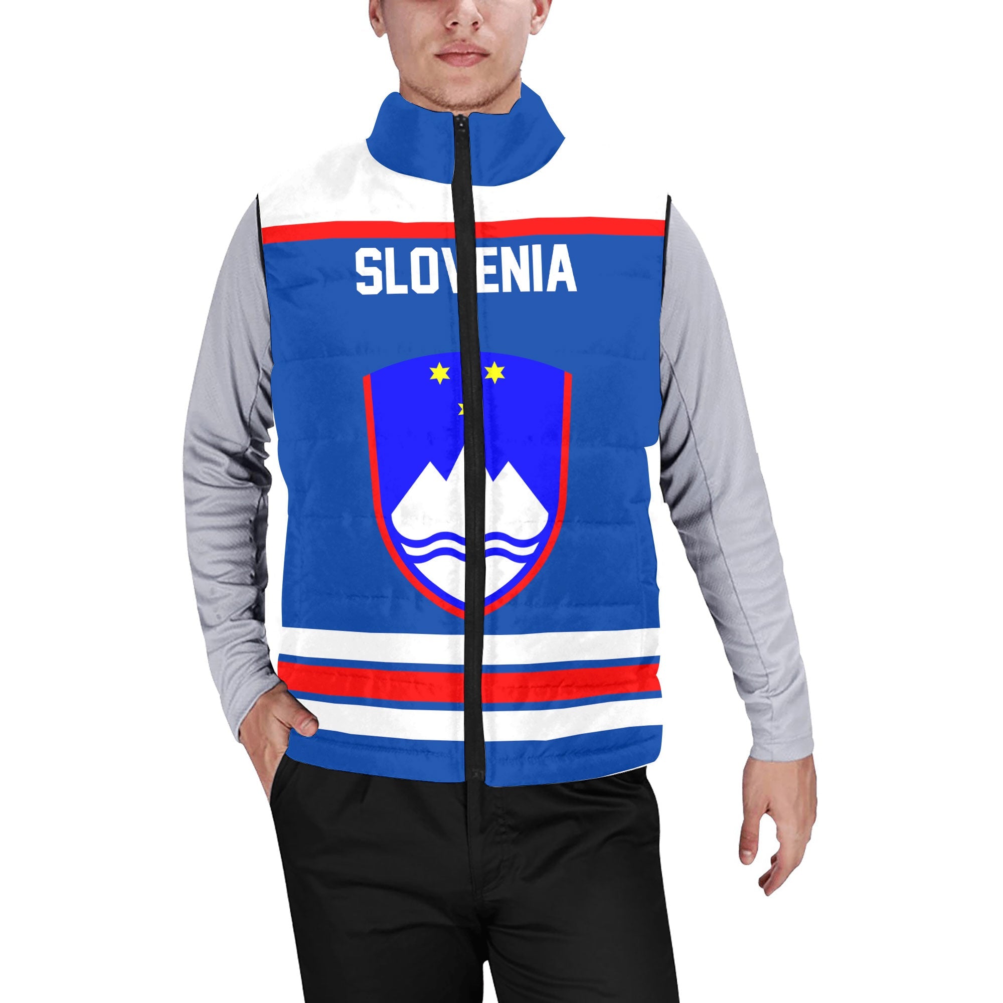 Slovenia Men Padded Jacket Vest Flag & Coat Of Arms Hockey Style