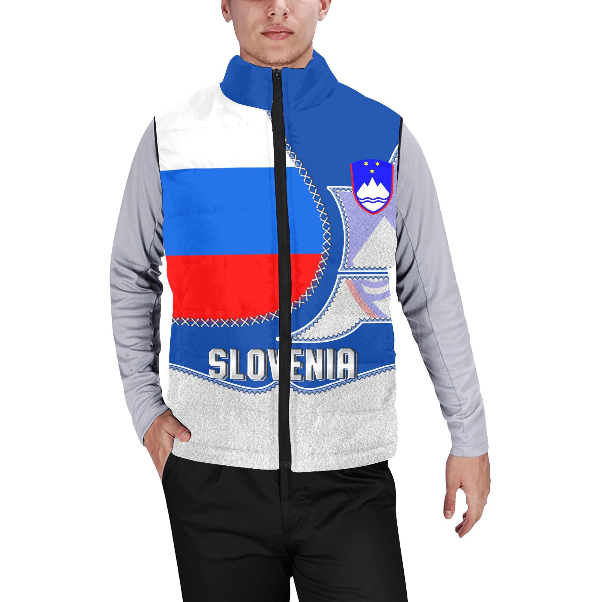 Slovenia Men Padded Jacket Vest Flag & Coat Of Arms Leather Style