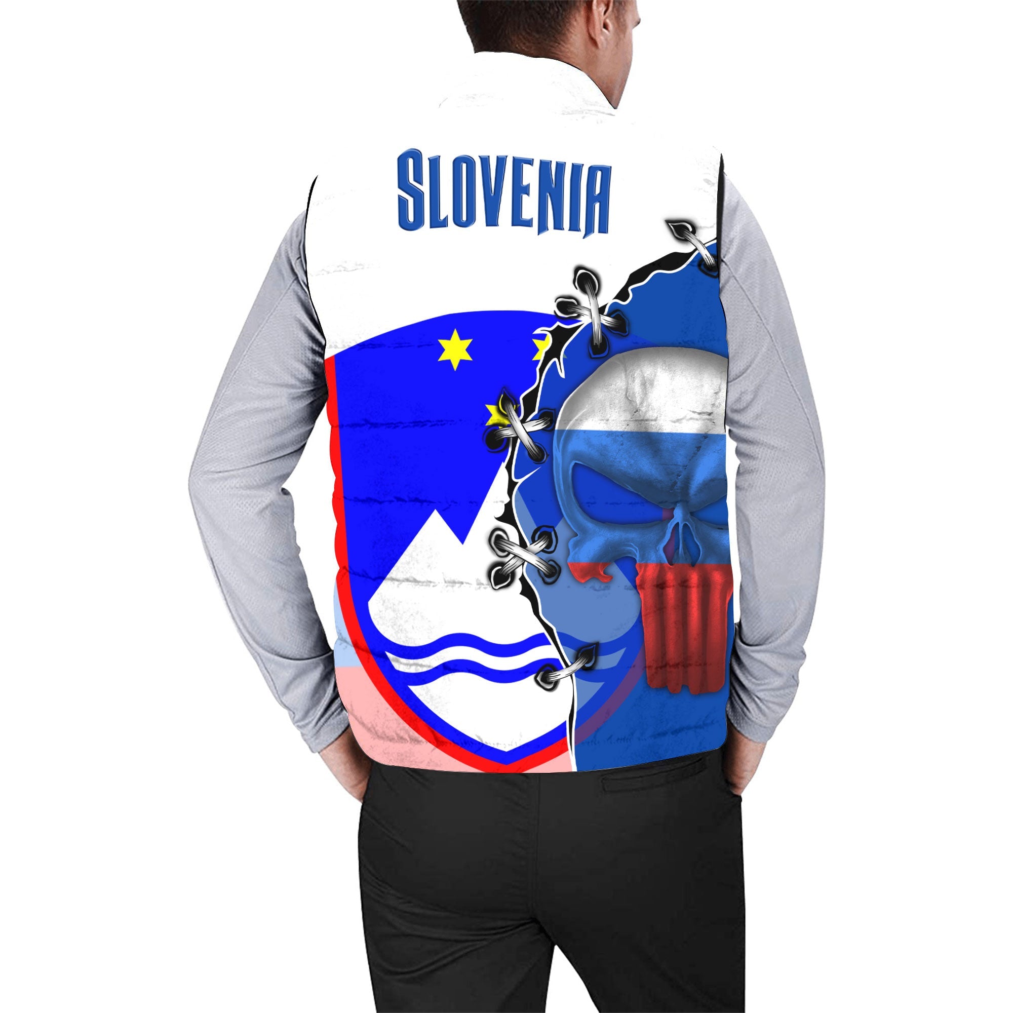 Slovenia Men Padded Jacket Vest Flag & Coat Of Arms Skull Style