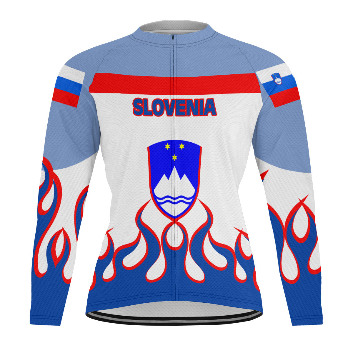 Slovenia Men's Cycling Jersey Long Sleeve Flag & Coat Of Arms Fire Hockey Style