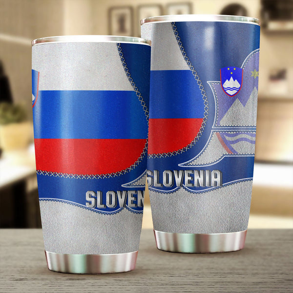 Slovenia Stainless Steel Glitter Tumbler Flag & Coat Of Arms Leather Style