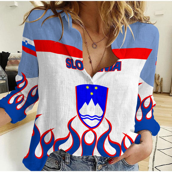 Slovenia Women Casual Shirt Flag & Coat Of Arms Fire Hockey Style