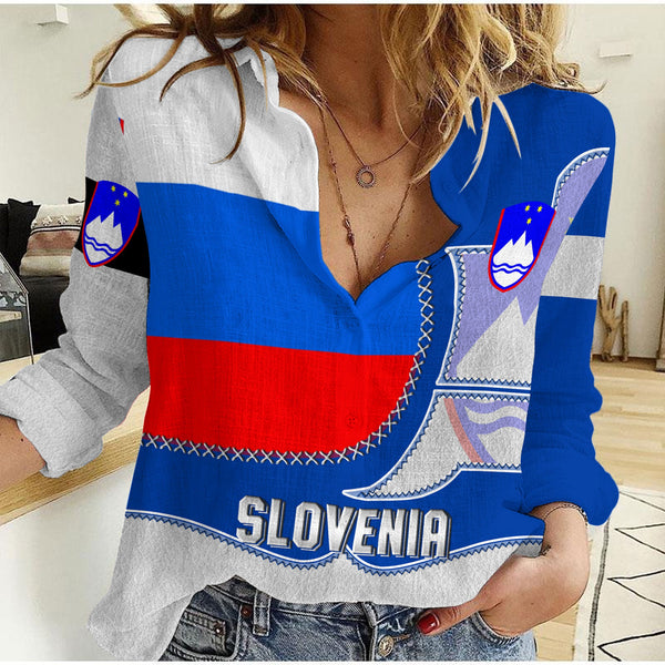 Slovenia Women Casual Shirt Flag & Coat Of Arms Leather Style