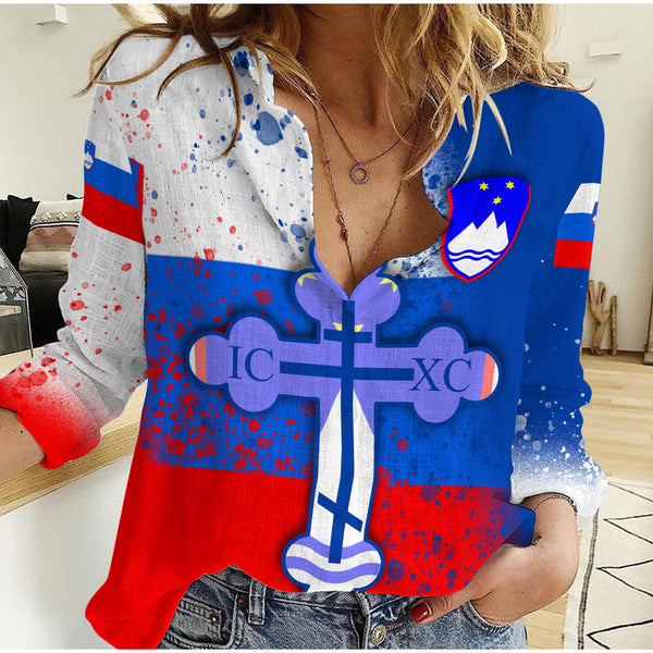 Slovenia Women Casual Shirt Flag & Coat Of Arms Orthodox Style