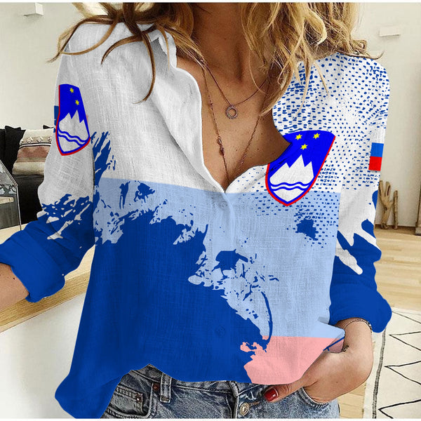 Slovenia Women Casual Shirt Flag & Coat Of Arms Paint Style