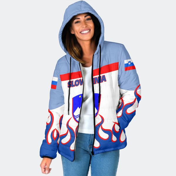 Slovenia Women Hooded Padded Jacket Flag & Coat Of Arms Fire Hockey Style