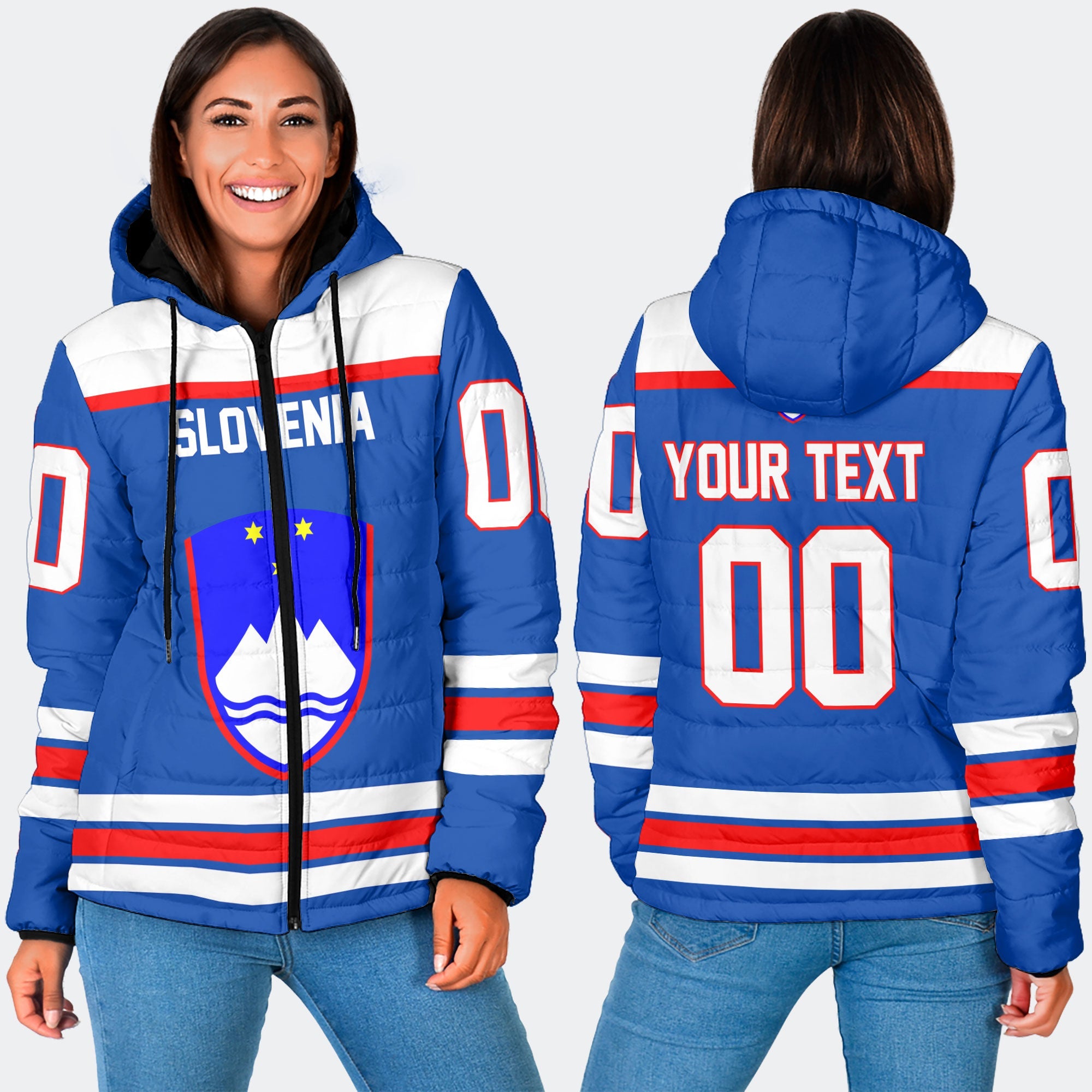 Slovenia Women Hooded Padded Jacket Flag & Coat Of Arms Hockey Style