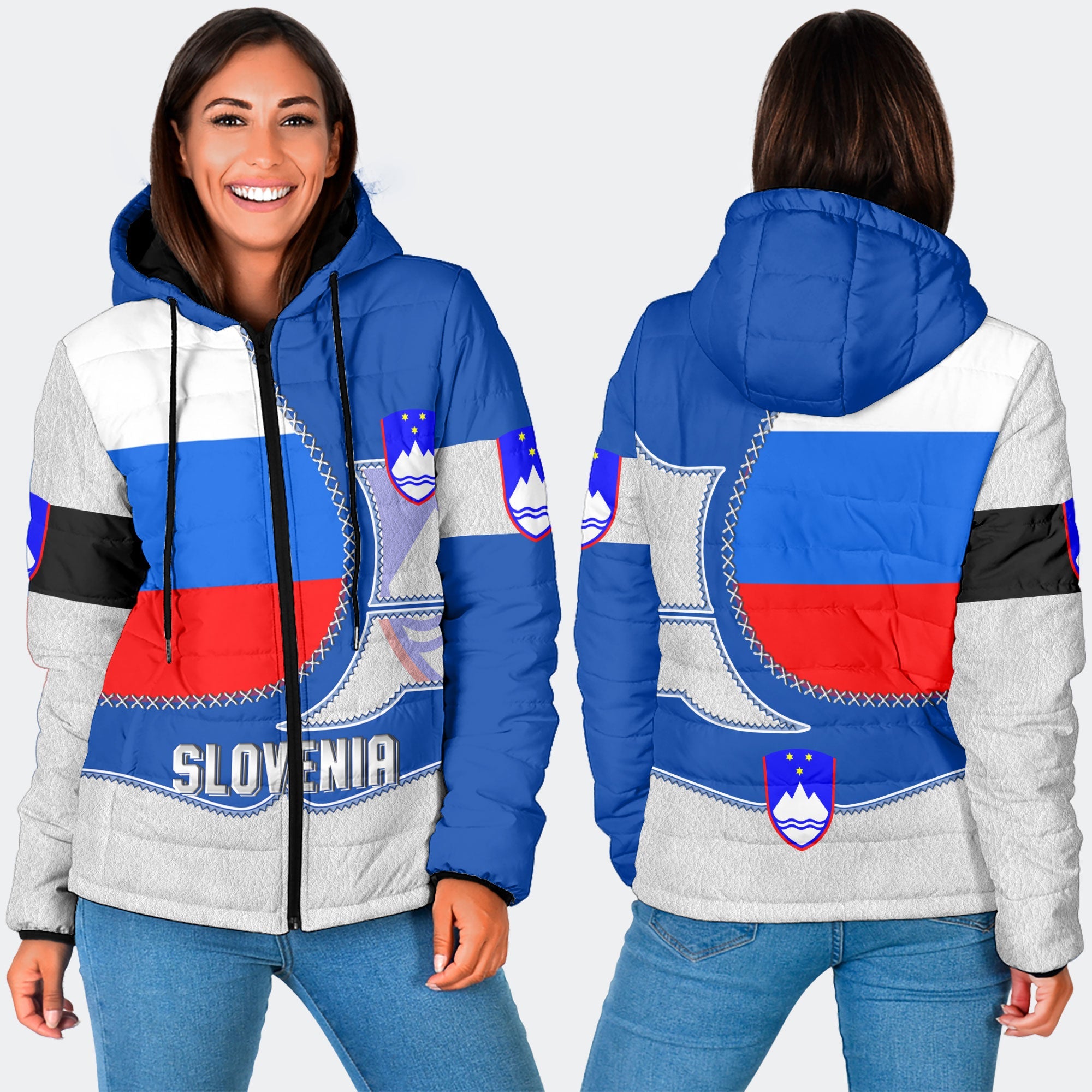 Slovenia Women Hooded Padded Jacket Flag & Coat Of Arms Leather Style