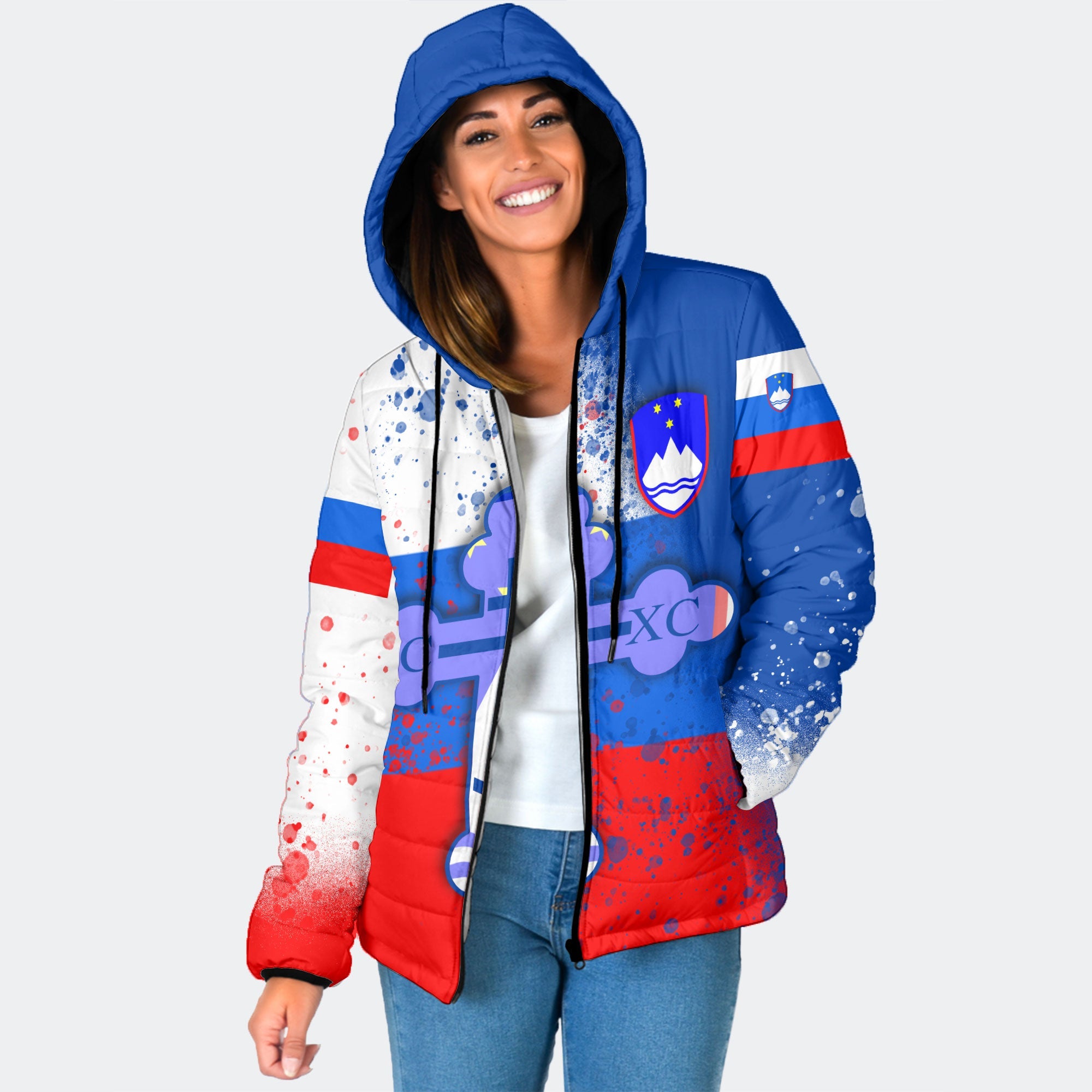 Slovenia Women Hooded Padded Jacket Flag & Coat Of Arms Orthodox Style