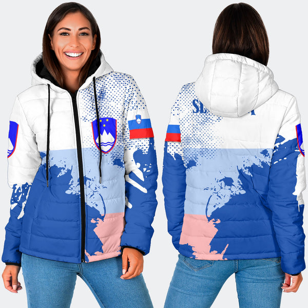 Slovenia Women Hooded Padded Jacket Flag & Coat Of Arms Paint Style