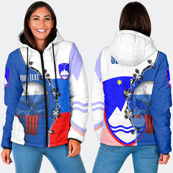 Slovenia Women Hooded Padded Jacket Flag & Coat Of Arms Skull Style