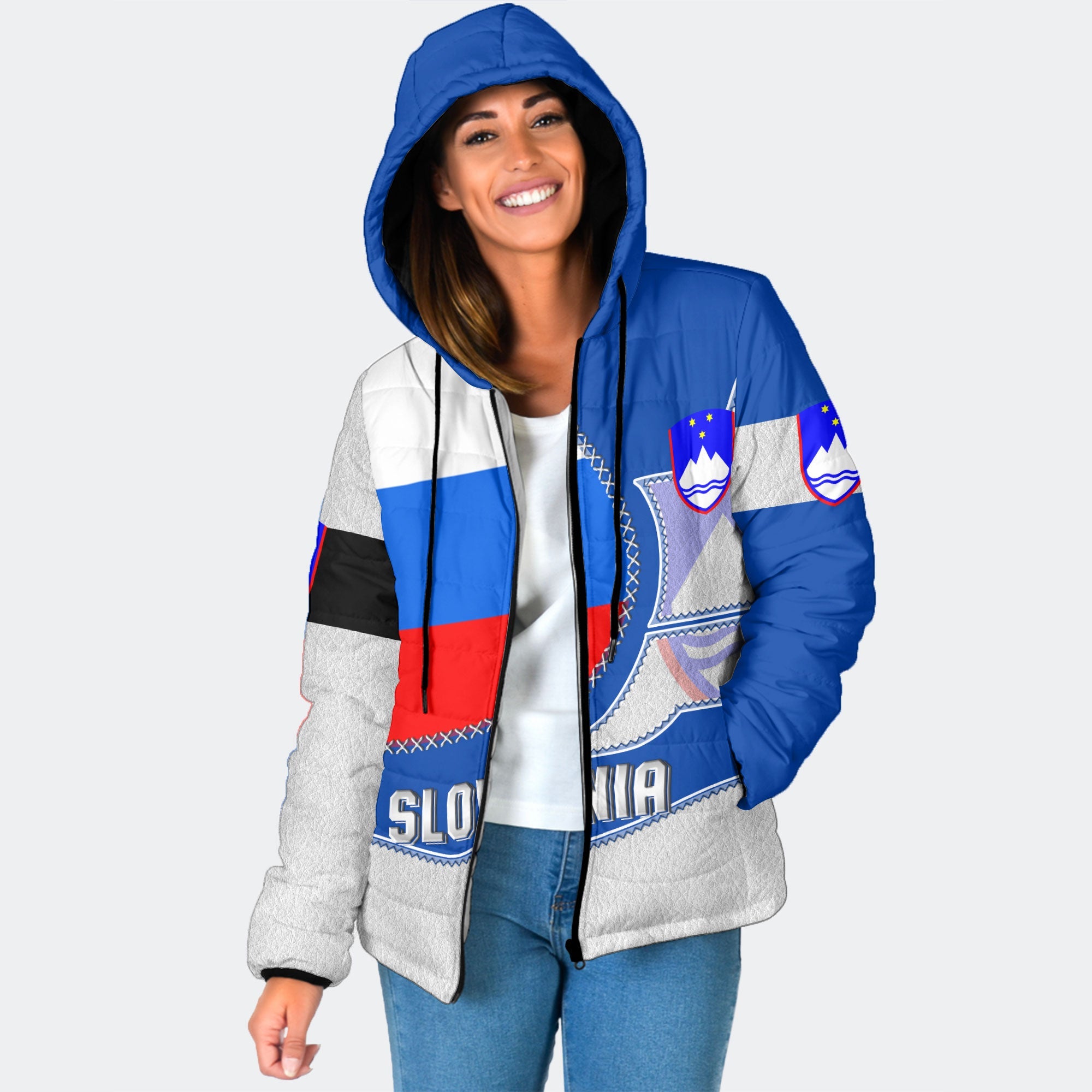 Slovenia Women Hooded Padded Jacket Flag & Coat Of Arms Leather Style