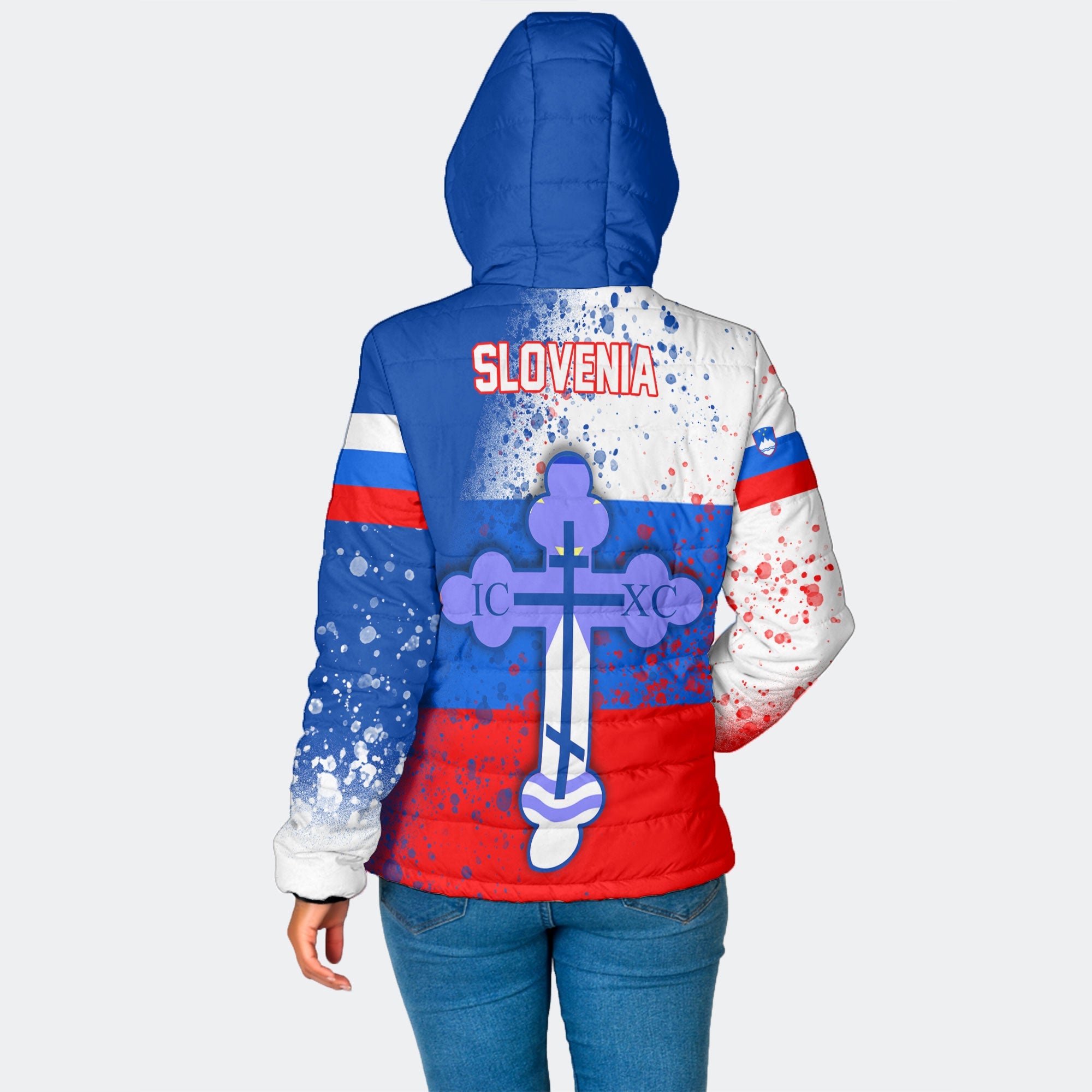 Slovenia Women Hooded Padded Jacket Flag & Coat Of Arms Orthodox Style