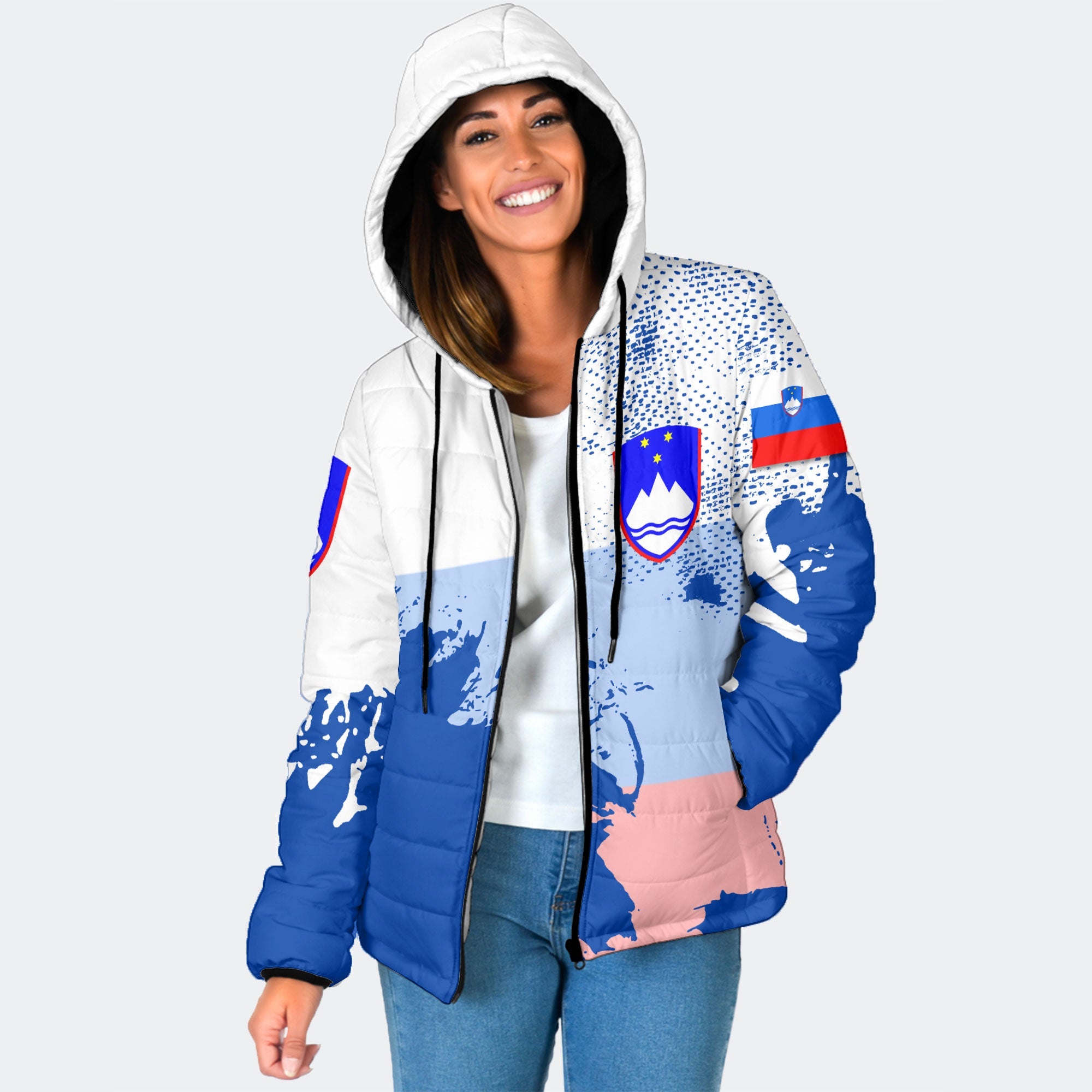 Slovenia Women Hooded Padded Jacket Flag & Coat Of Arms Paint Style