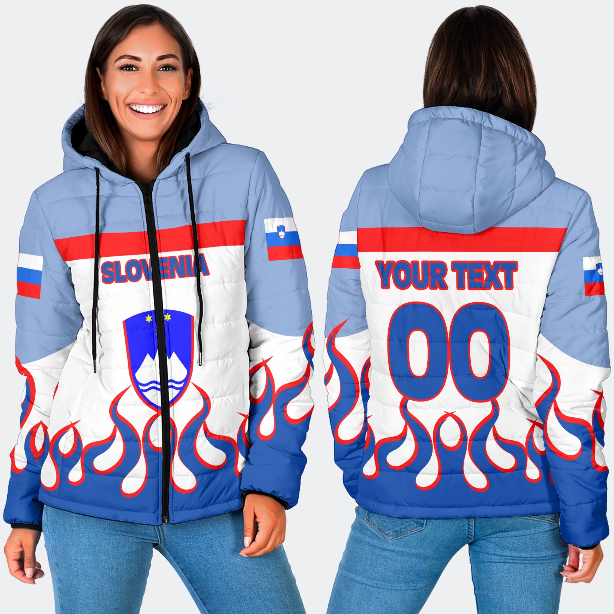 Slovenia Women Hooded Padded Jacket Flag & Coat Of Arms Fire Hockey Style