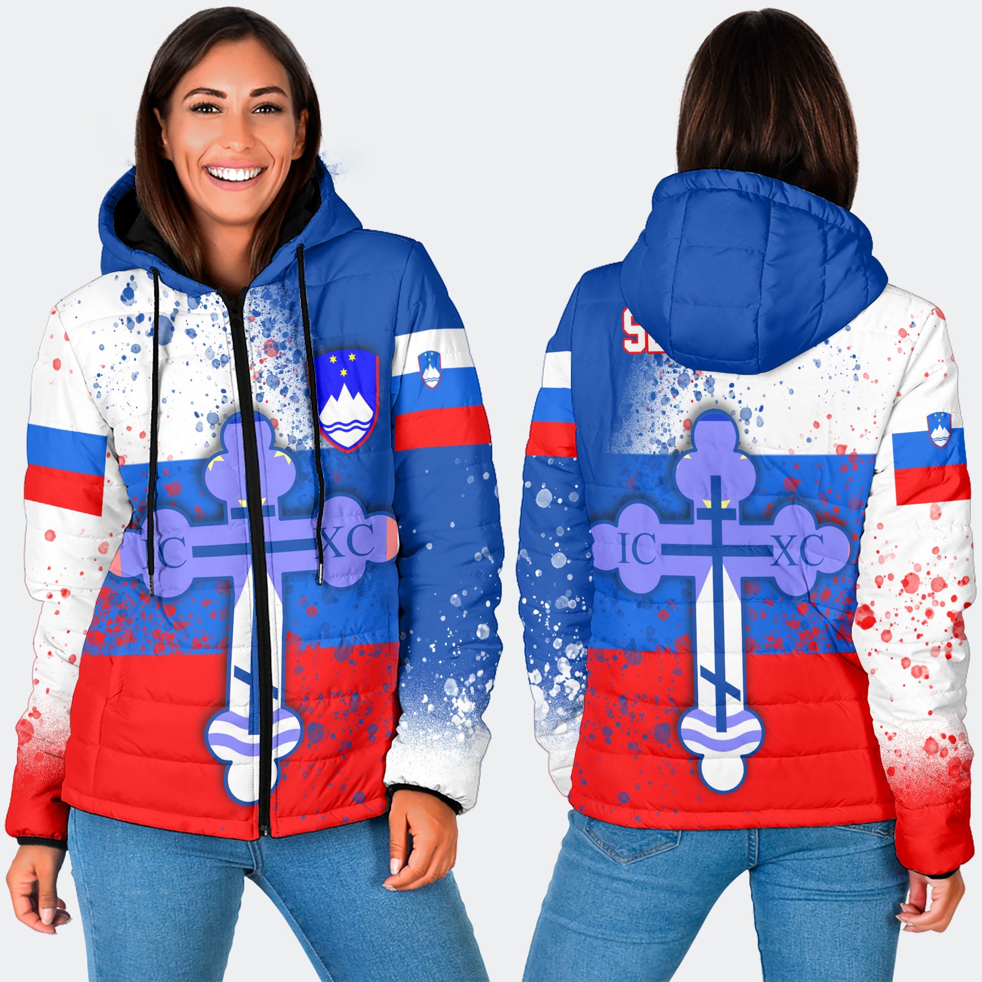 Slovenia Women Hooded Padded Jacket Flag & Coat Of Arms Orthodox Style