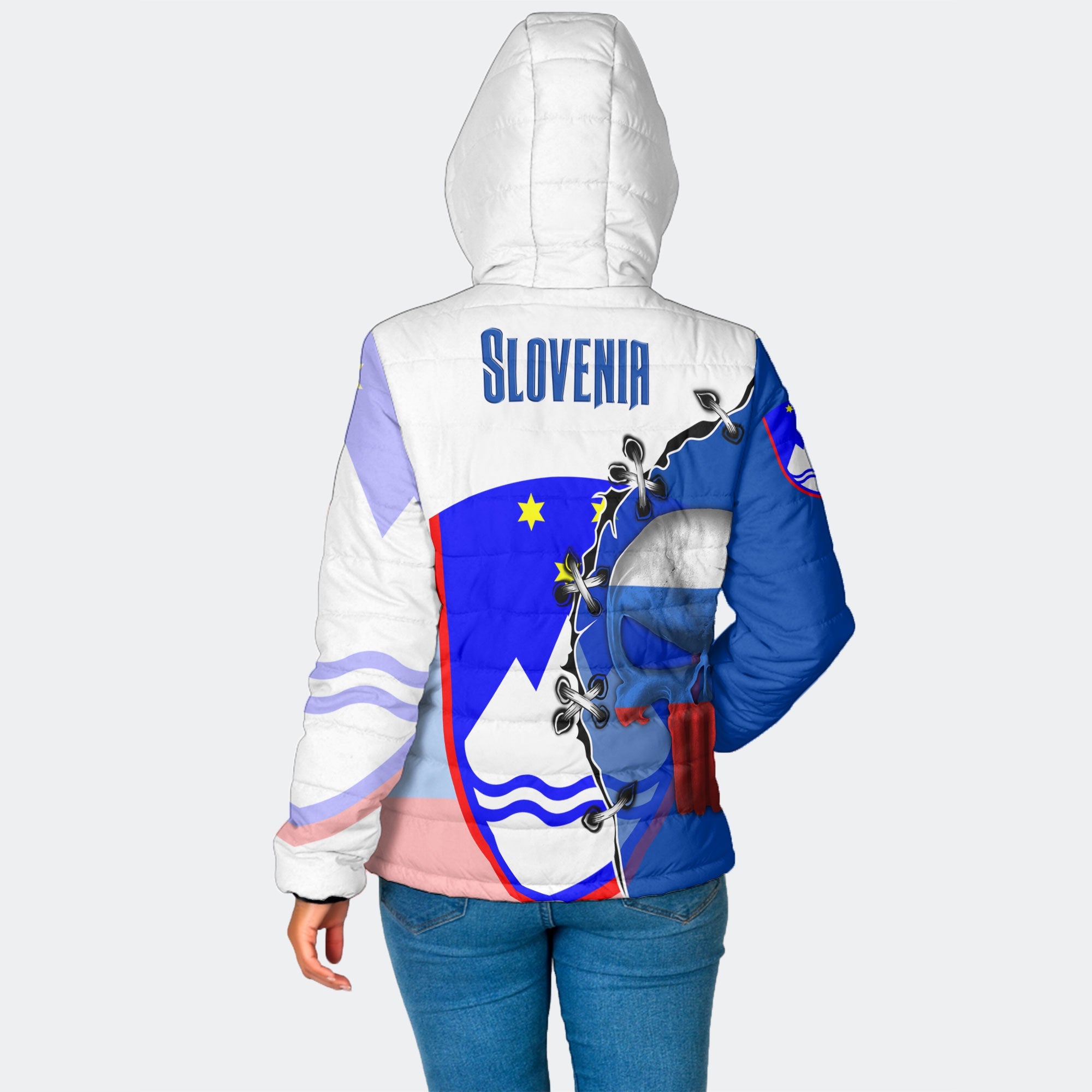 Slovenia Women Hooded Padded Jacket Flag & Coat Of Arms Skull Style