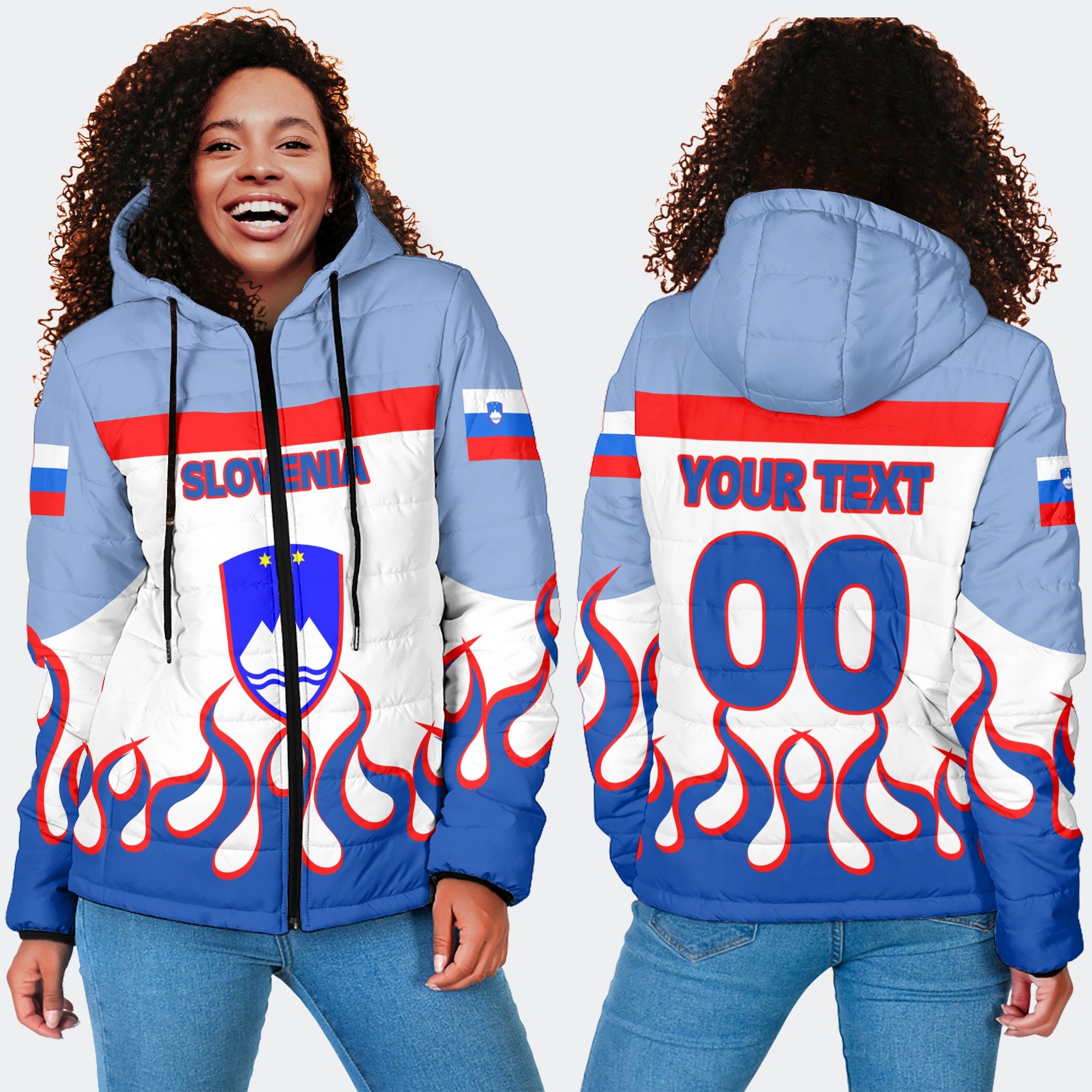 Slovenia Women Hooded Padded Jacket Flag & Coat Of Arms Fire Hockey Style