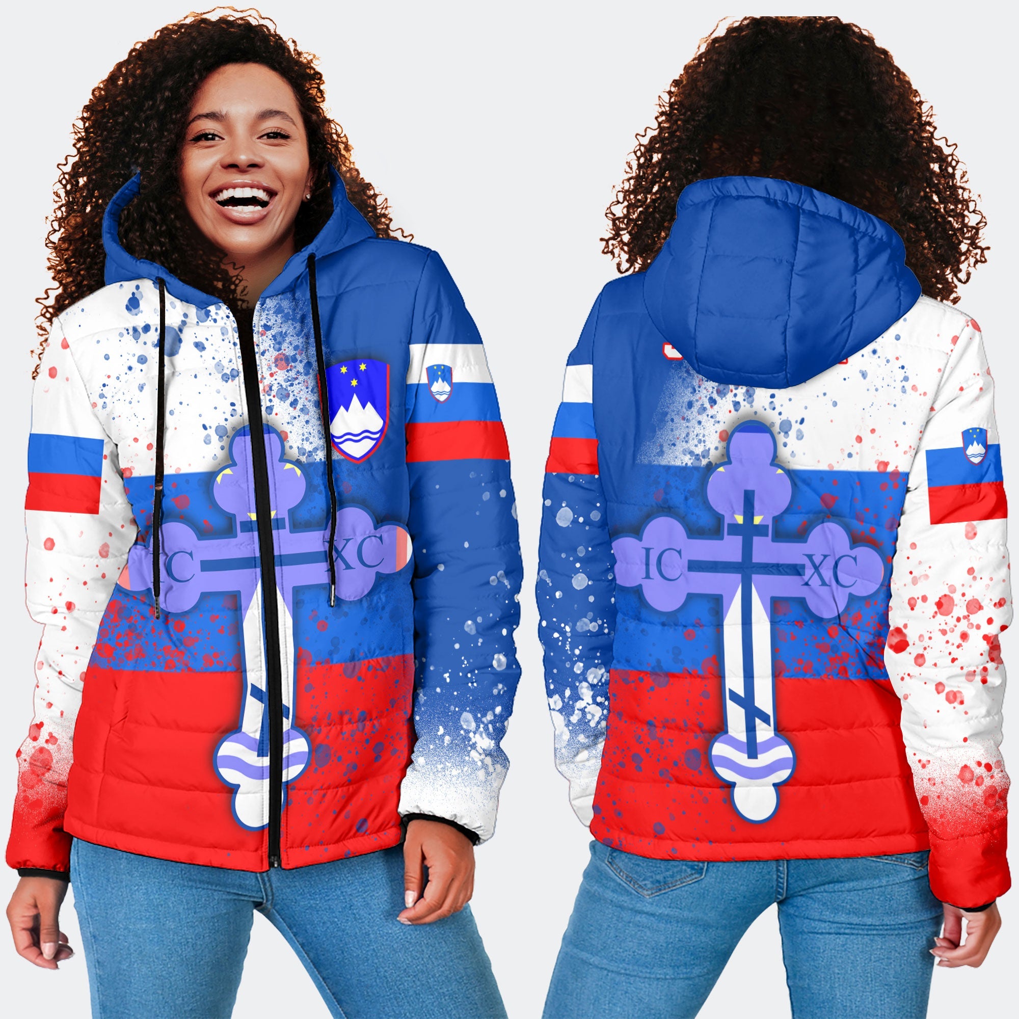 Slovenia Women Hooded Padded Jacket Flag & Coat Of Arms Orthodox Style