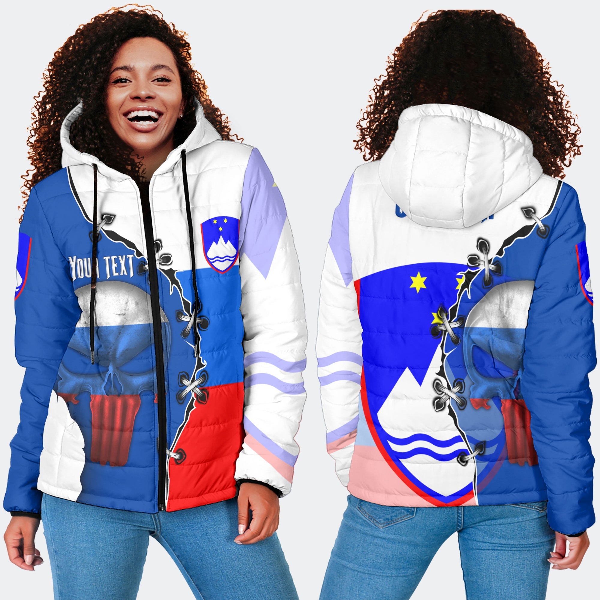 Slovenia Women Hooded Padded Jacket Flag & Coat Of Arms Skull Style