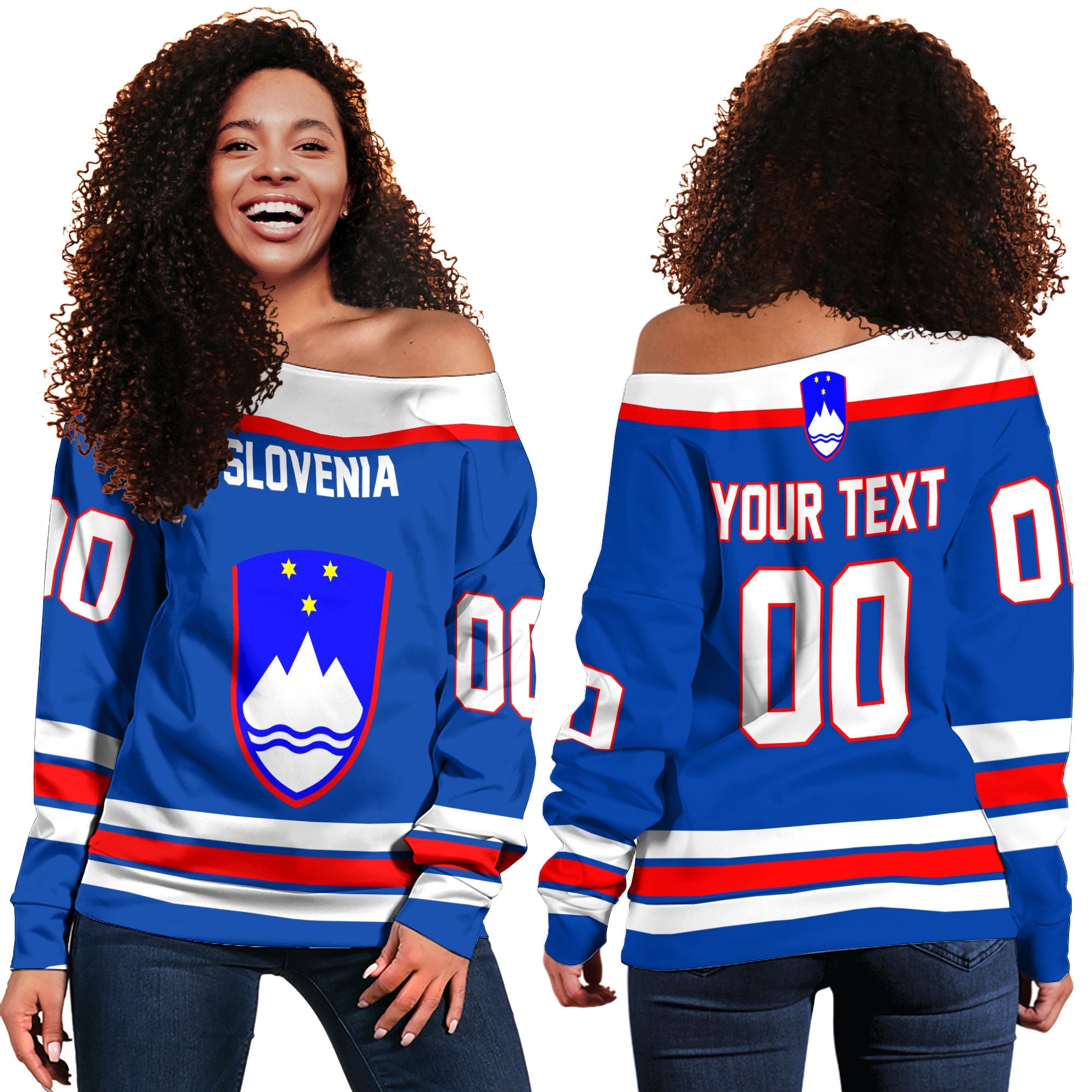 Slovenia Women Off Shoulder Sweatshirt Flag & Coat Of Arms Hockey Style