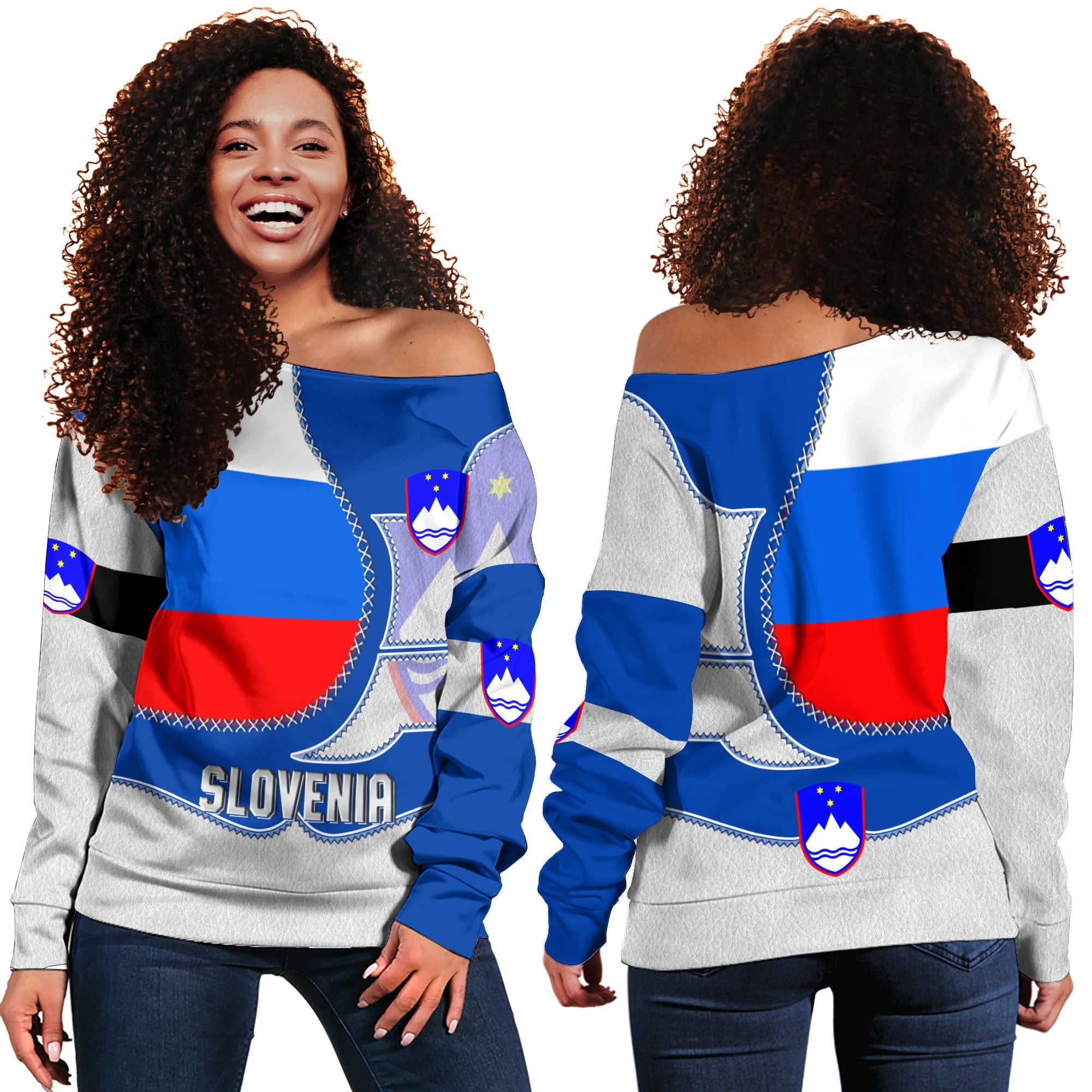 Slovenia Women Off Shoulder Sweatshirt Flag & Coat Of Arms Leather Style