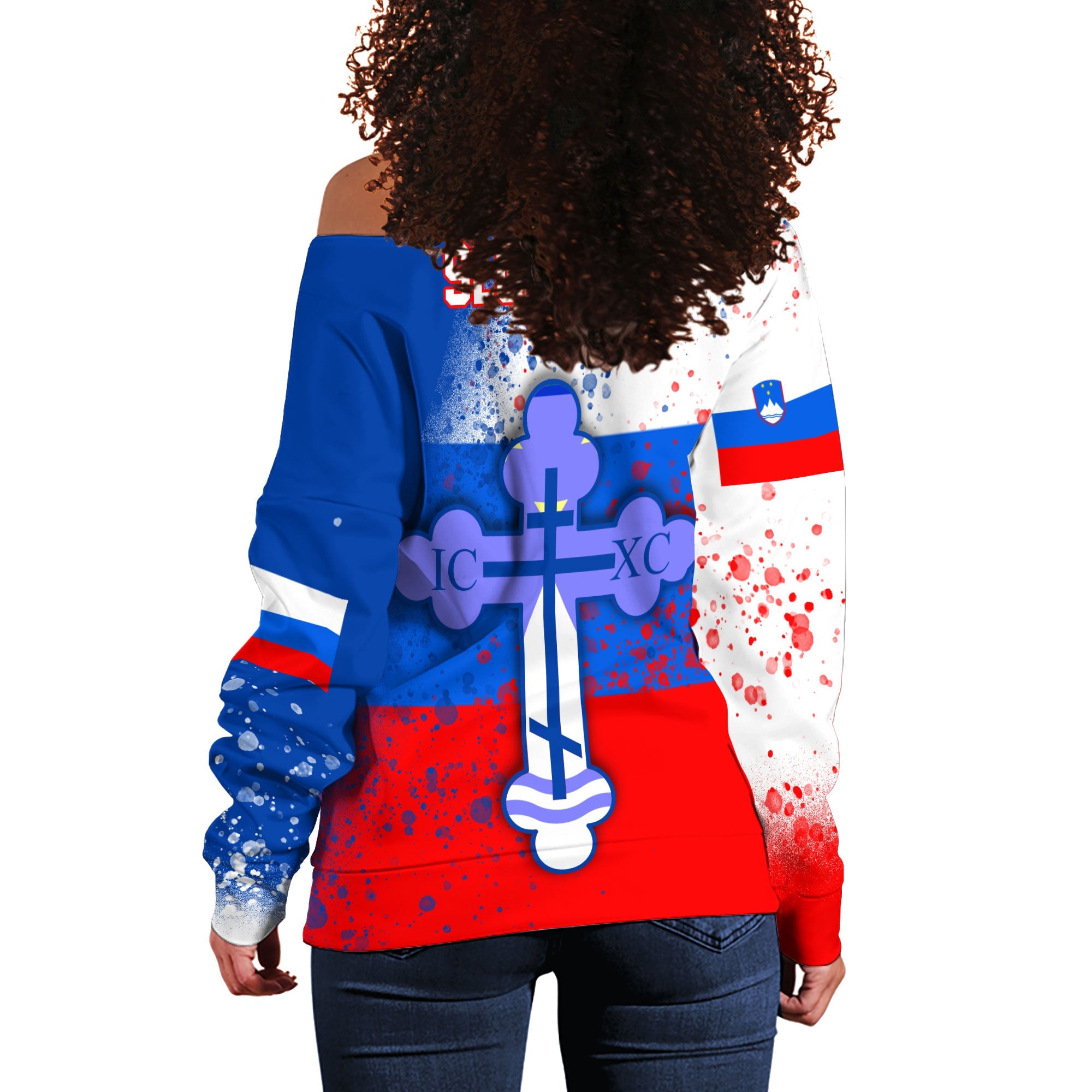 Slovenia Women Off Shoulder Sweatshirt Flag & Coat Of Arms Orthodox Style