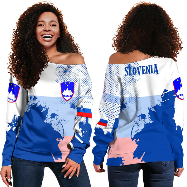 Slovenia Women Off Shoulder Sweatshirt Flag & Coat Of Arms Paint Style