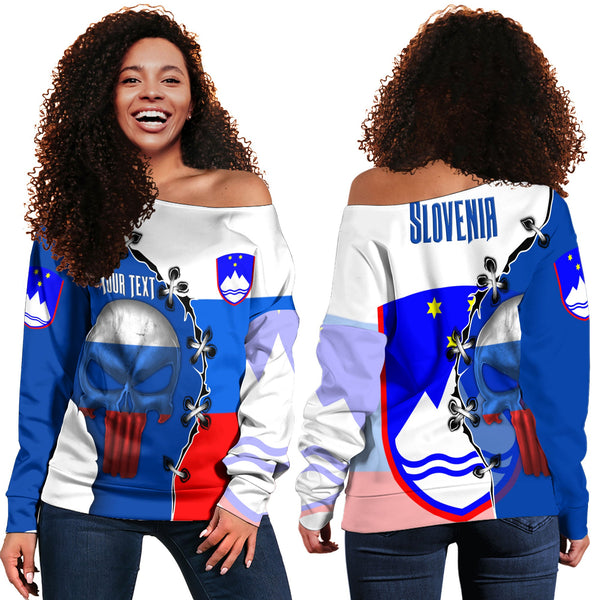 Slovenia Women Off Shoulder Sweatshirt Flag & Coat Of Arms Skull Style