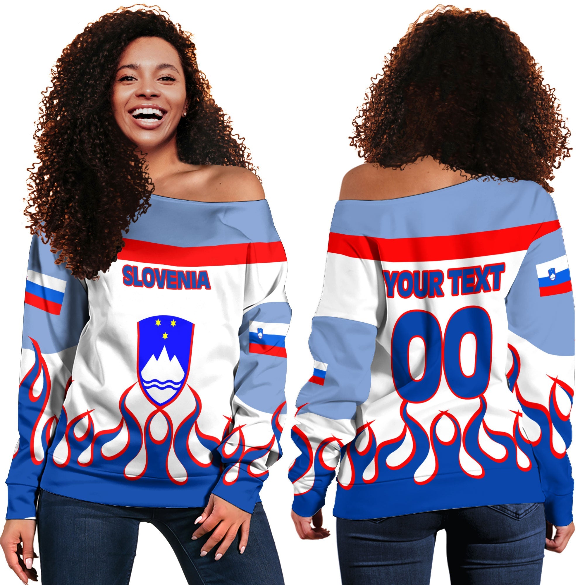 Slovenia Women Off Shoulder Sweatshirt Flag & Coat Of Arms Fire Hockey Style