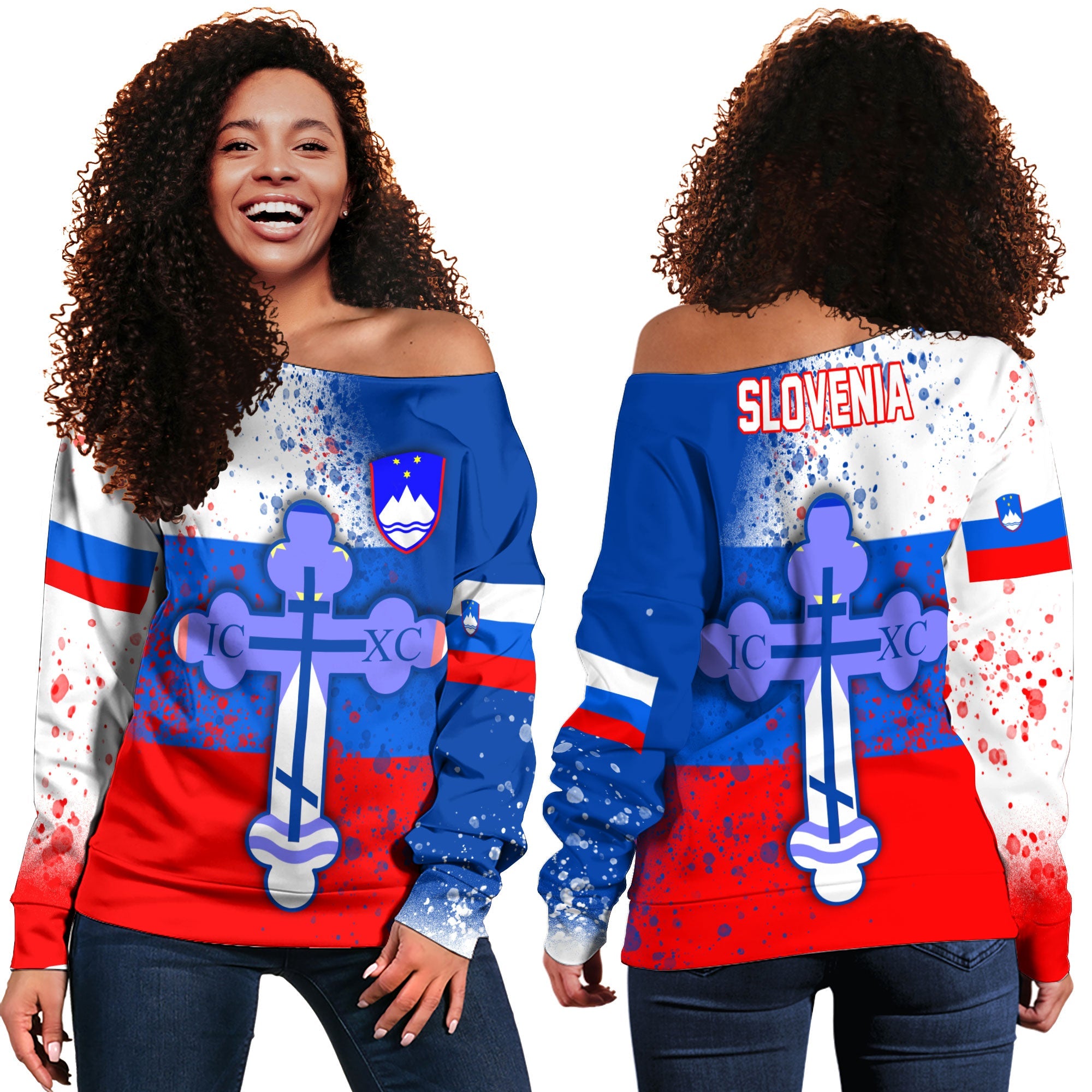 Slovenia Women Off Shoulder Sweatshirt Flag & Coat Of Arms Orthodox Style