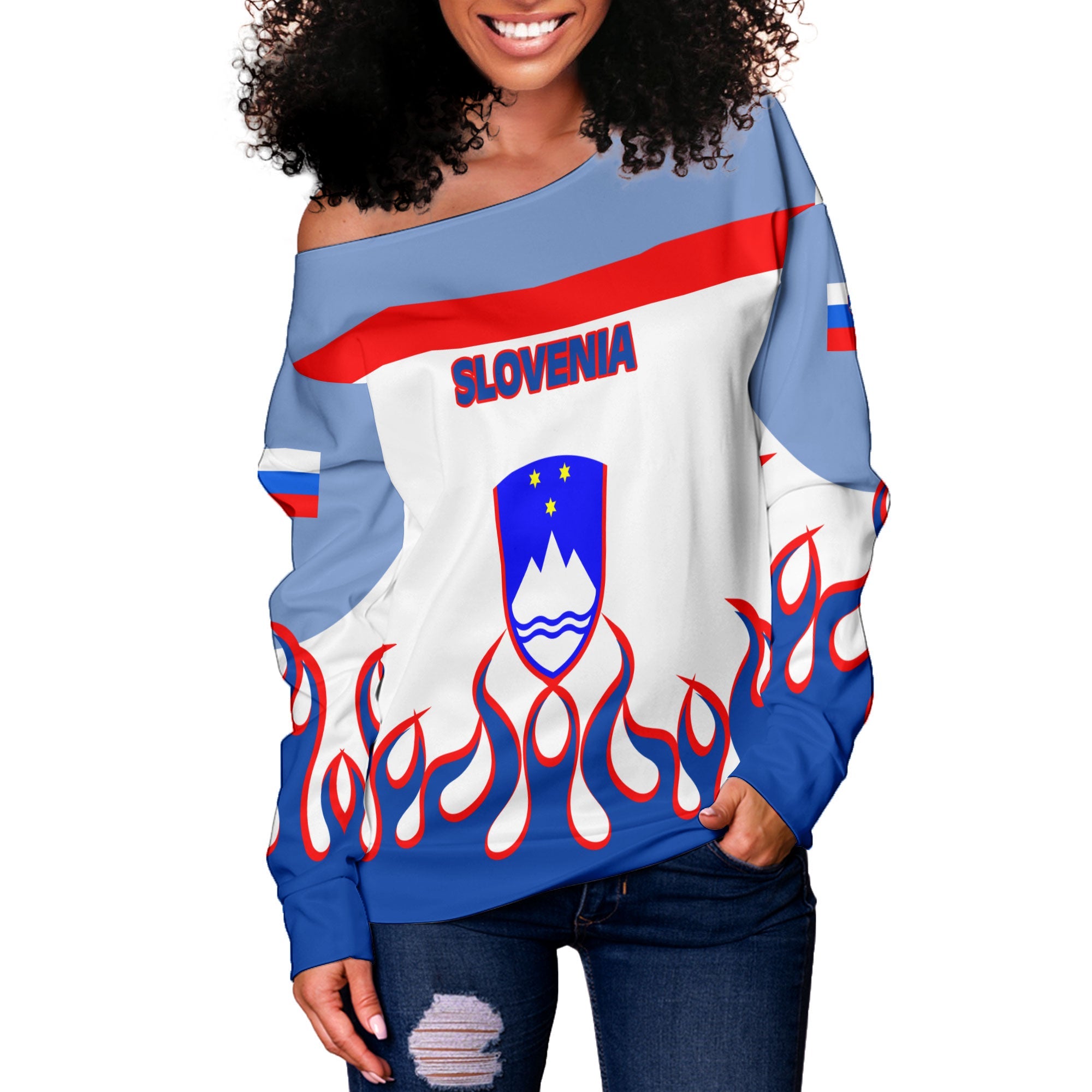 Slovenia Women Off Shoulder Sweatshirt Flag & Coat Of Arms Fire Hockey Style