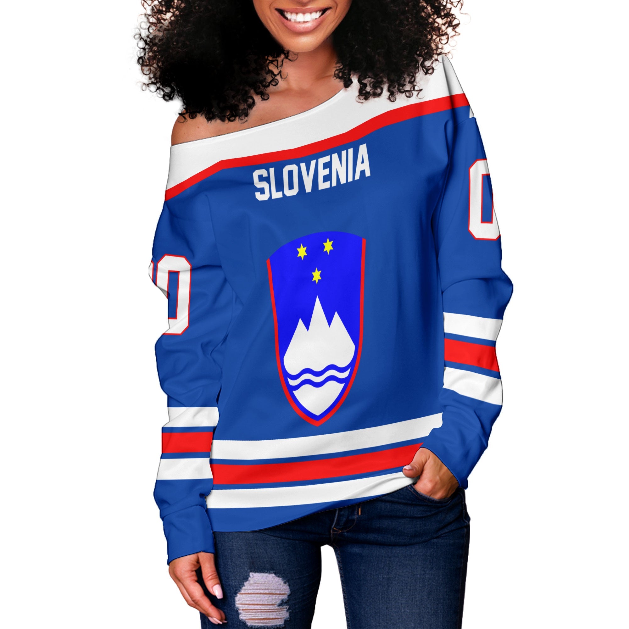 Slovenia Women Off Shoulder Sweatshirt Flag & Coat Of Arms Hockey Style