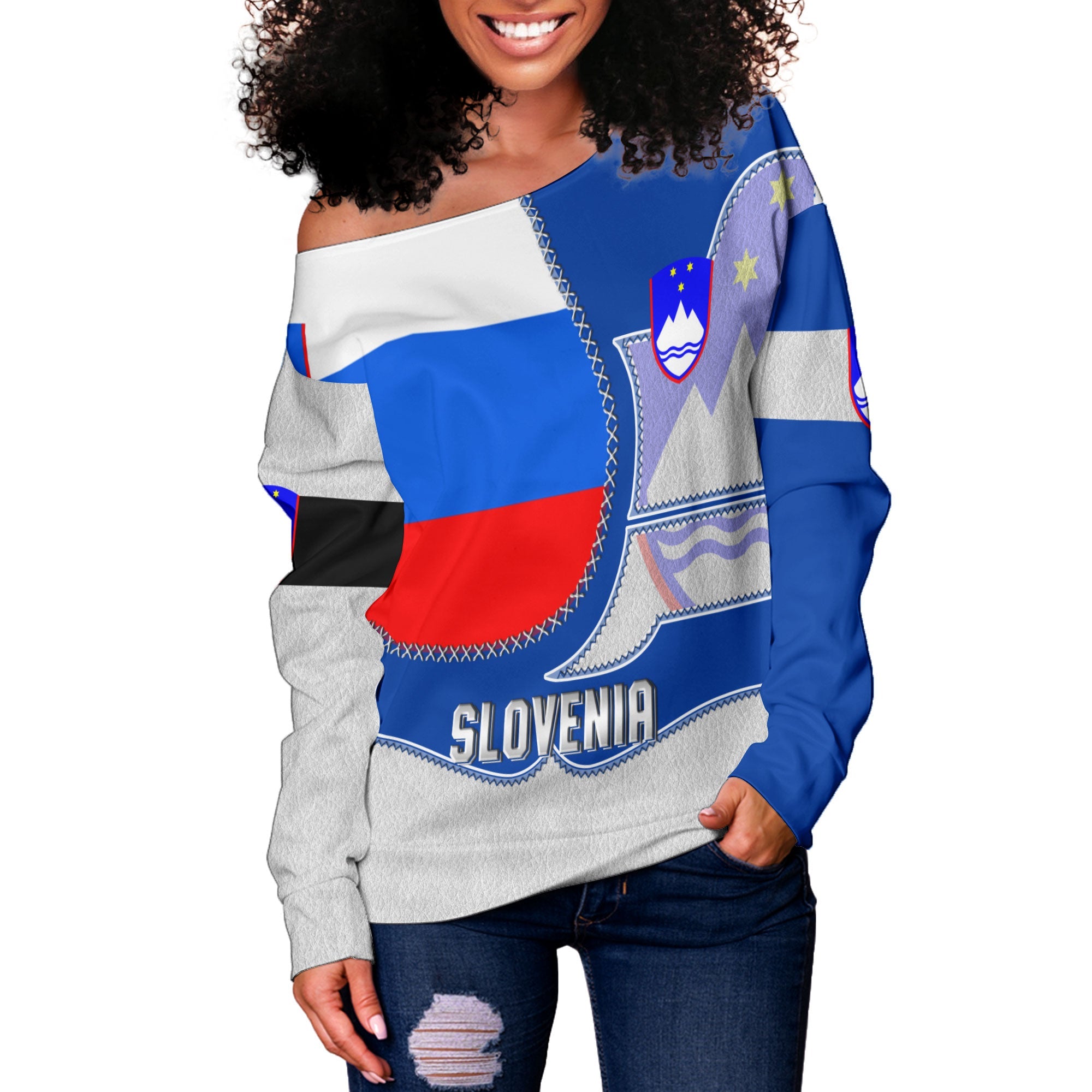 Slovenia Women Off Shoulder Sweatshirt Flag & Coat Of Arms Leather Style