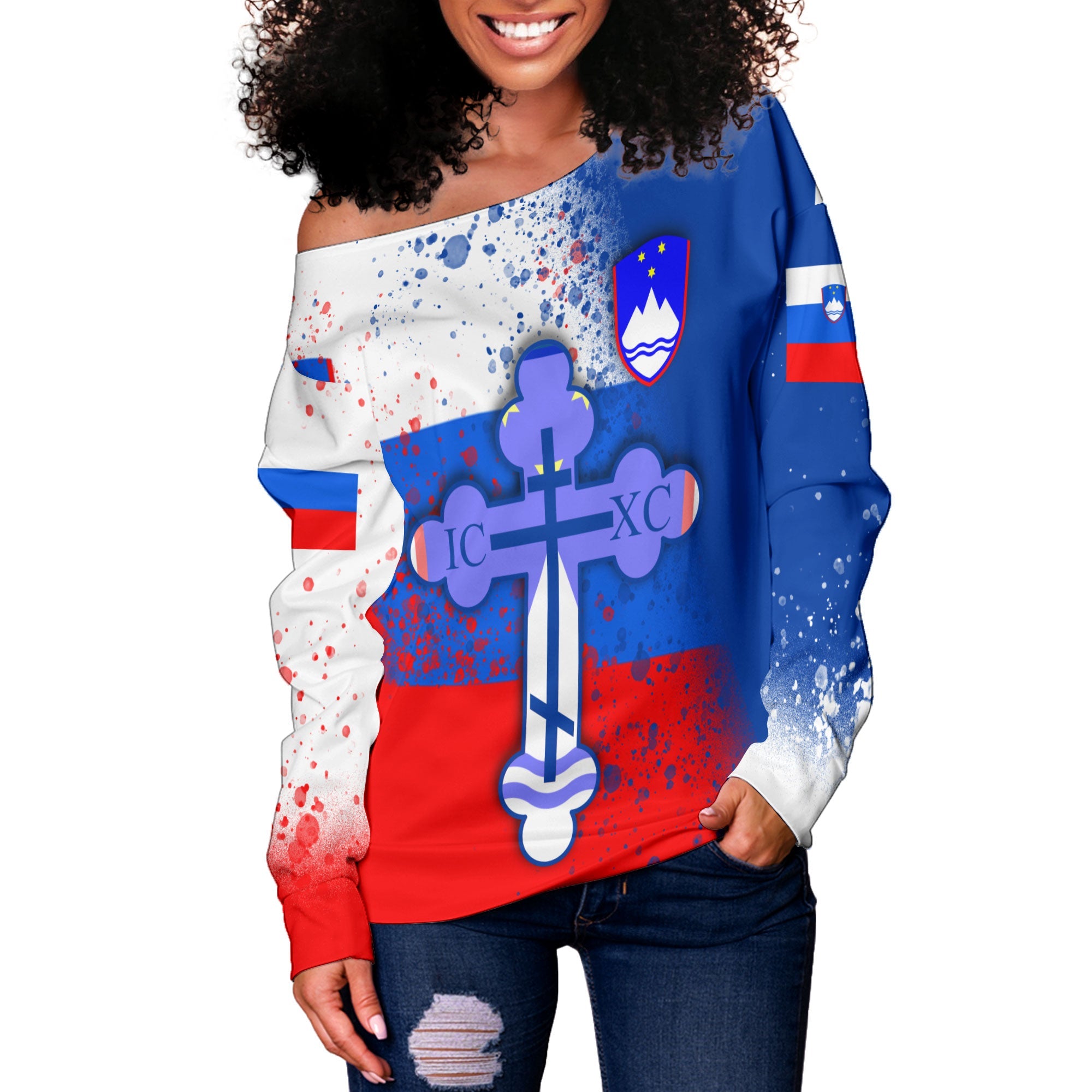 Slovenia Women Off Shoulder Sweatshirt Flag & Coat Of Arms Orthodox Style