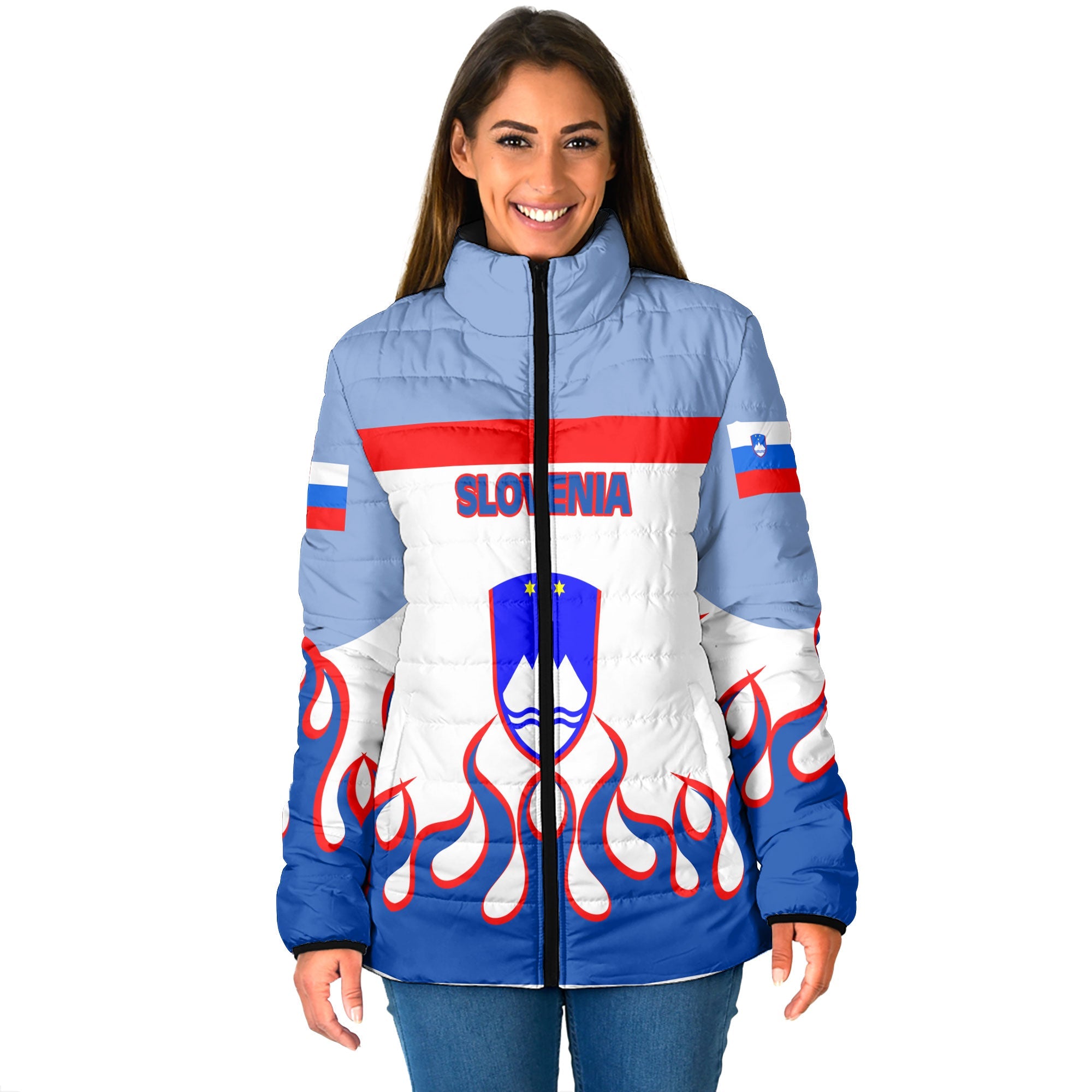 Slovenia Women Padded Jacket Flag & Coat Of Arms Fire Hockey Style