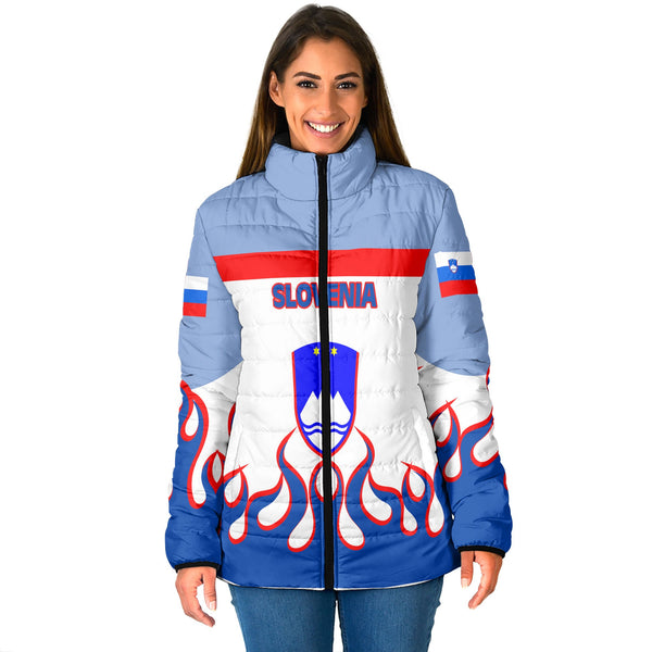 Slovenia Women Padded Jacket Flag & Coat Of Arms Fire Hockey Style