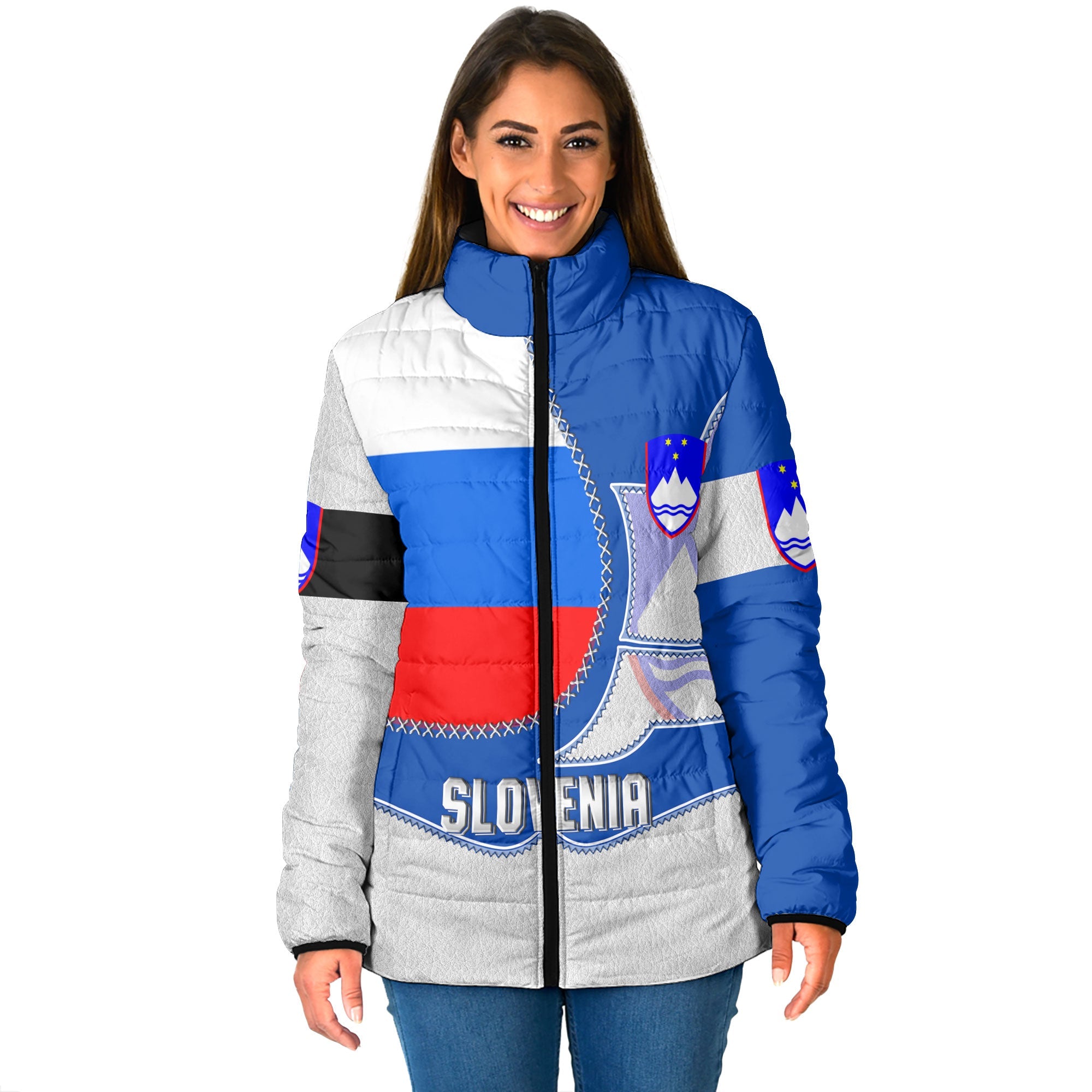 Slovenia Women Padded Jacket Flag & Coat Of Arms Leather Style