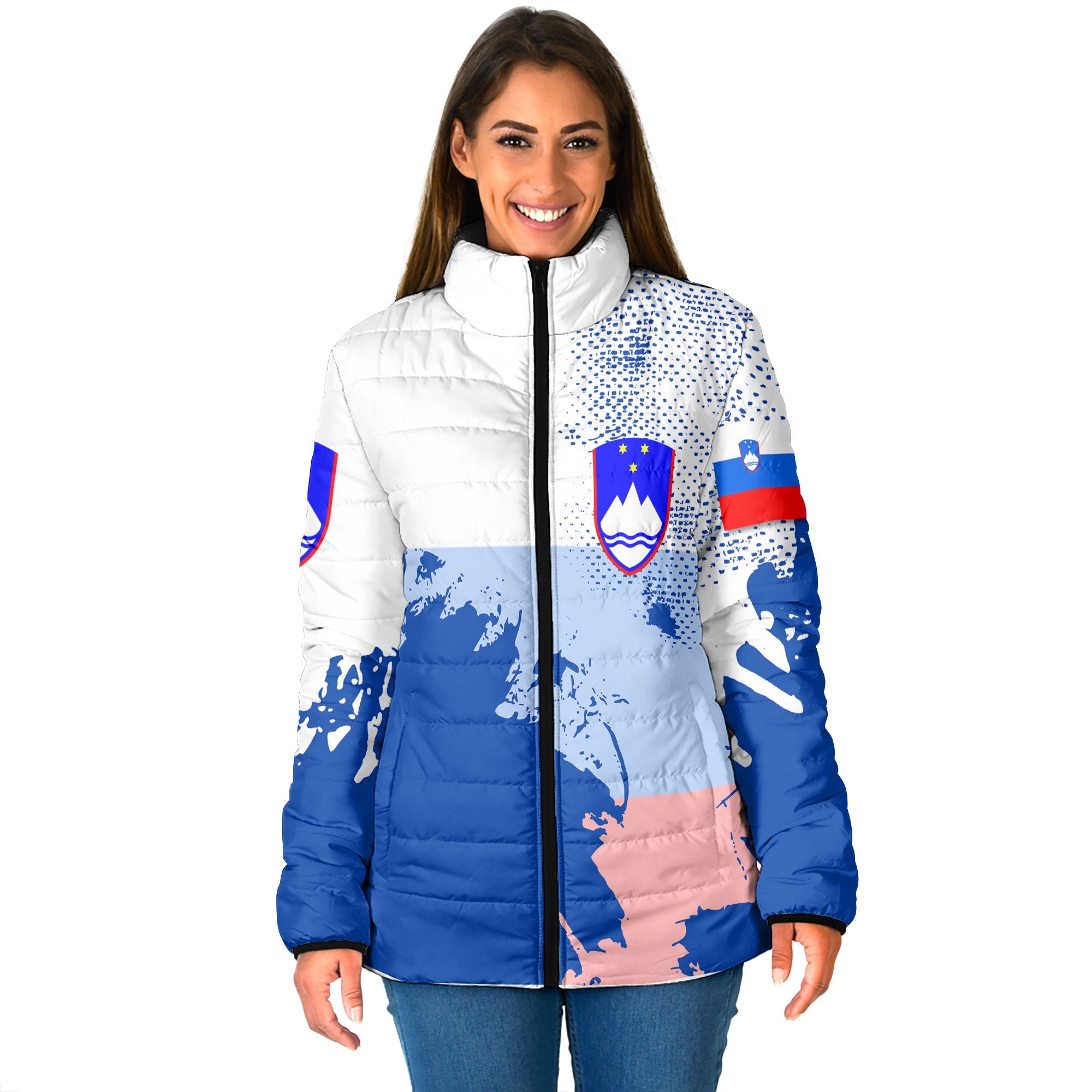 Slovenia Women Padded Jacket Flag & Coat Of Arms Paint Style