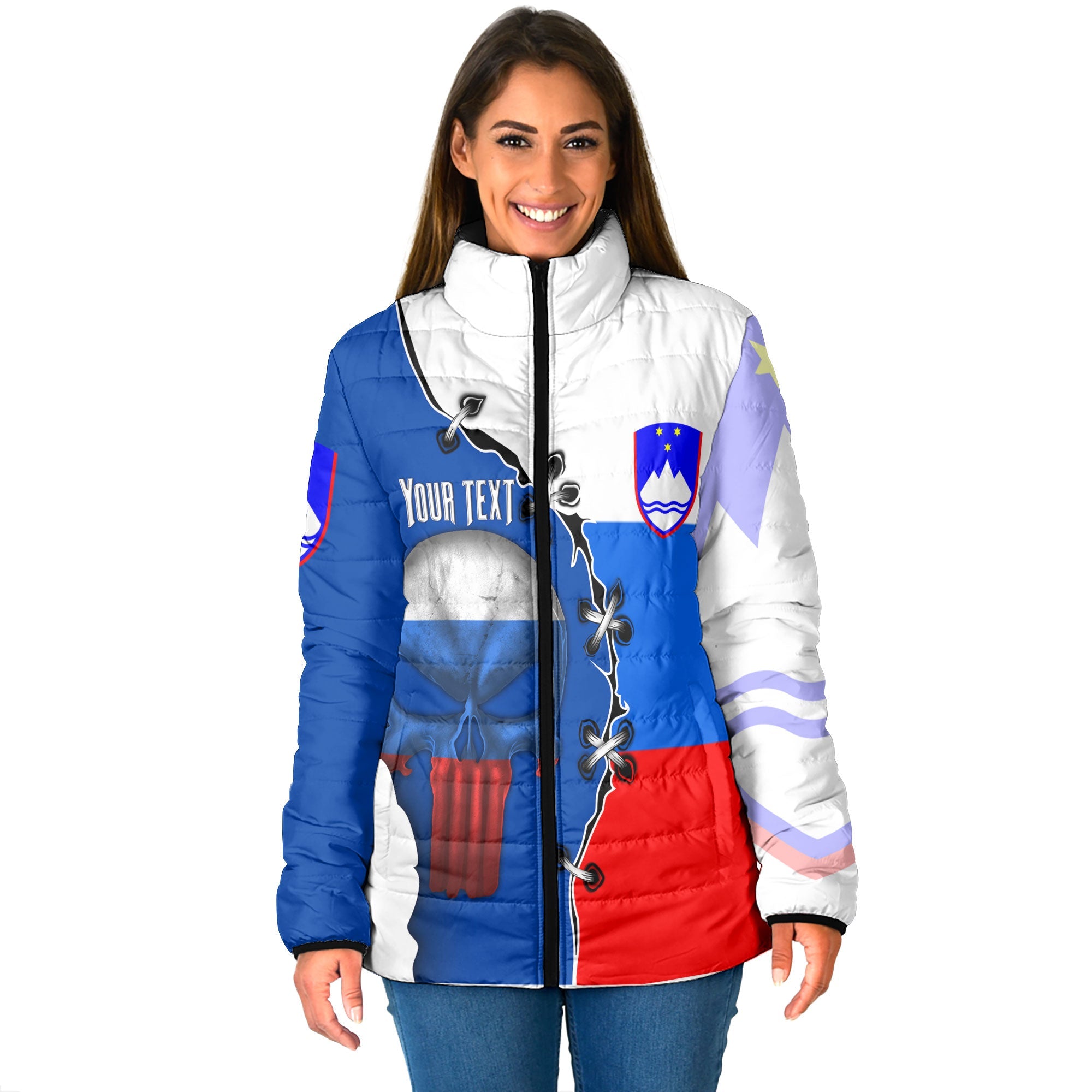 Slovenia Women Padded Jacket Flag & Coat Of Arms Skull Style