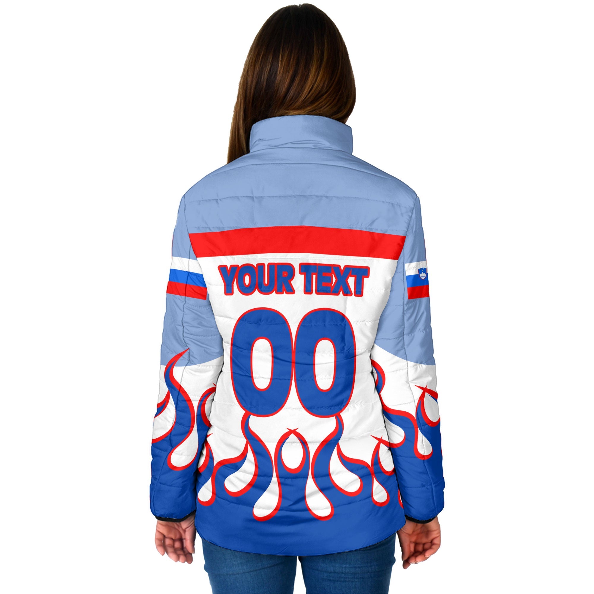 Slovenia Women Padded Jacket Flag & Coat Of Arms Fire Hockey Style