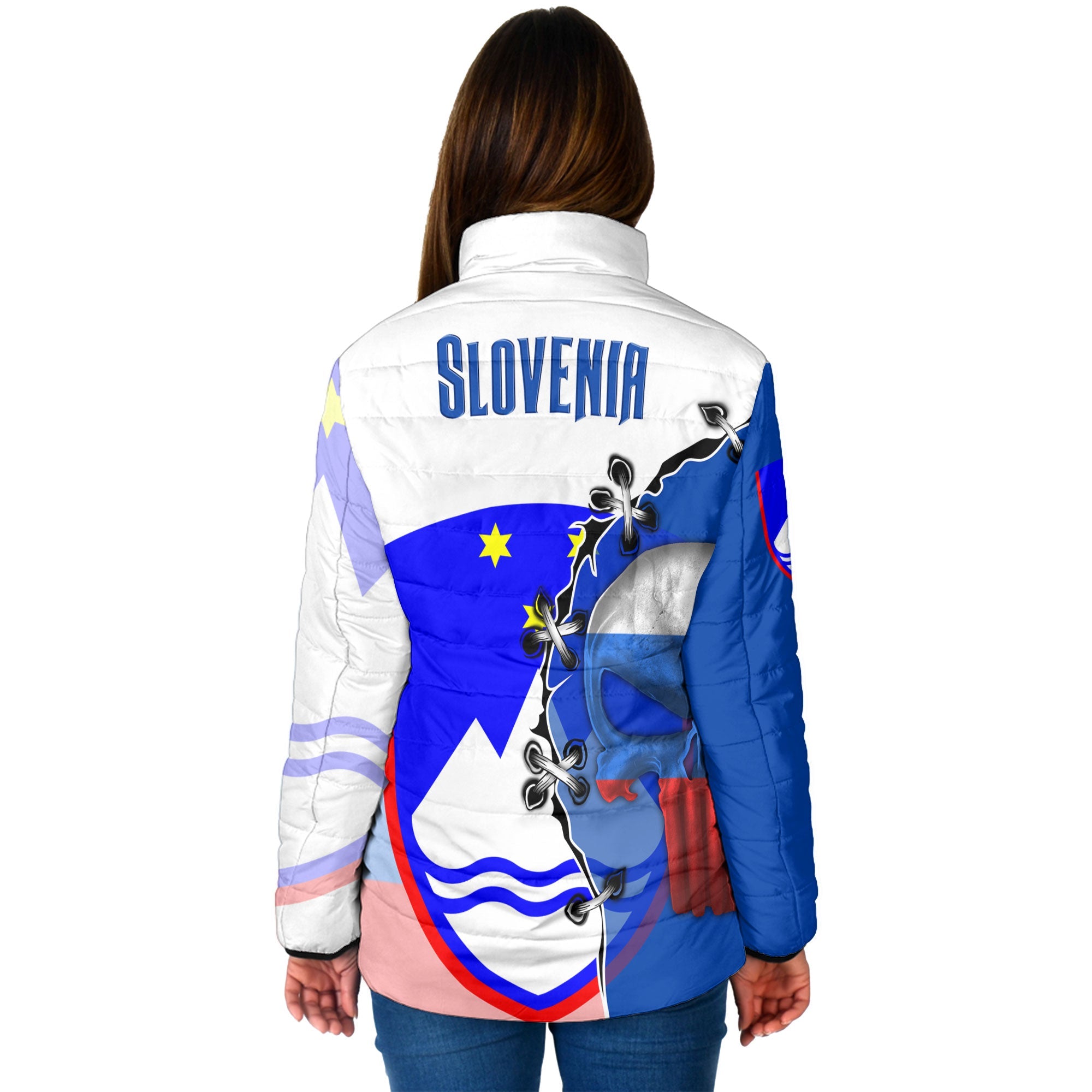 Slovenia Women Padded Jacket Flag & Coat Of Arms Skull Style