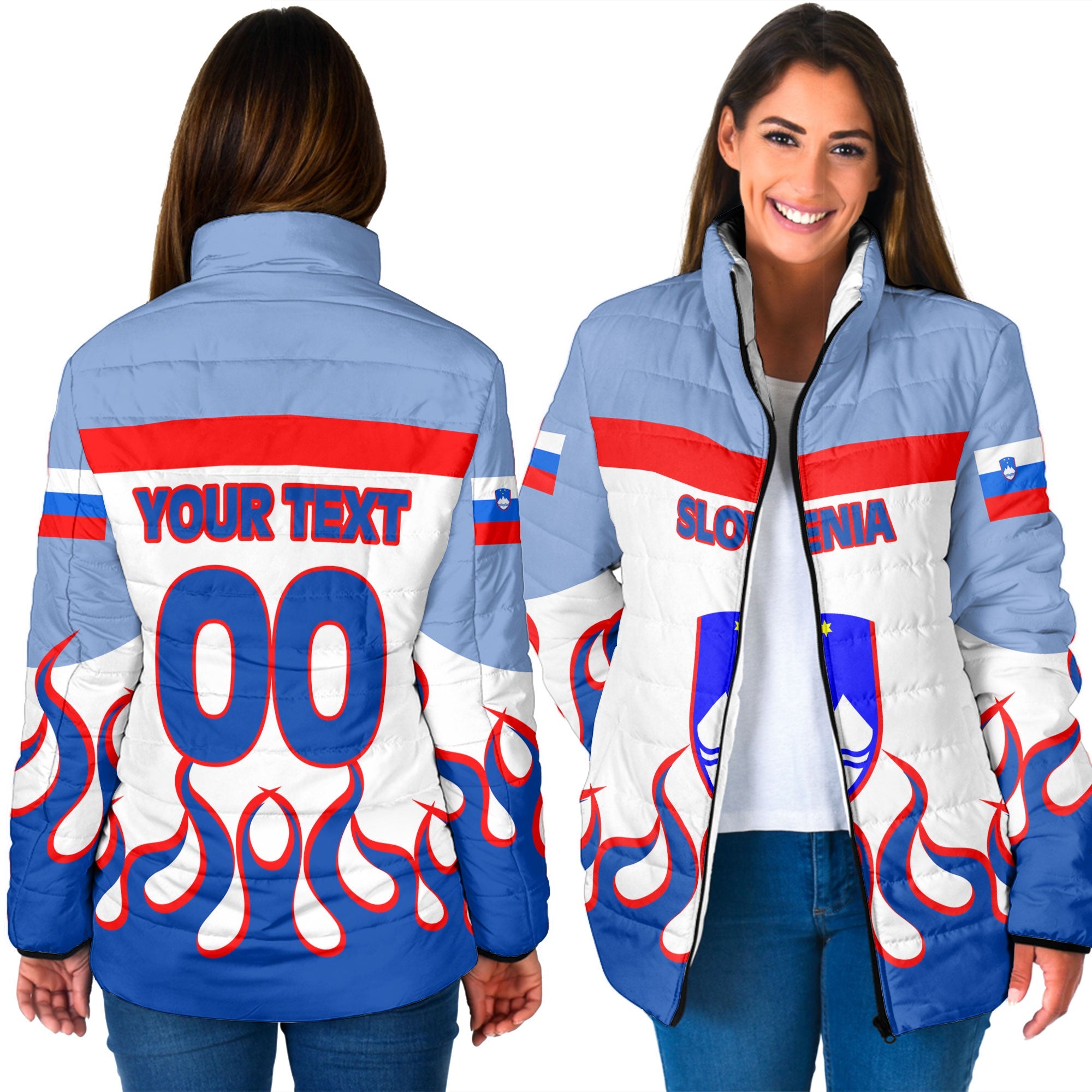 Slovenia Women Padded Jacket Flag & Coat Of Arms Fire Hockey Style