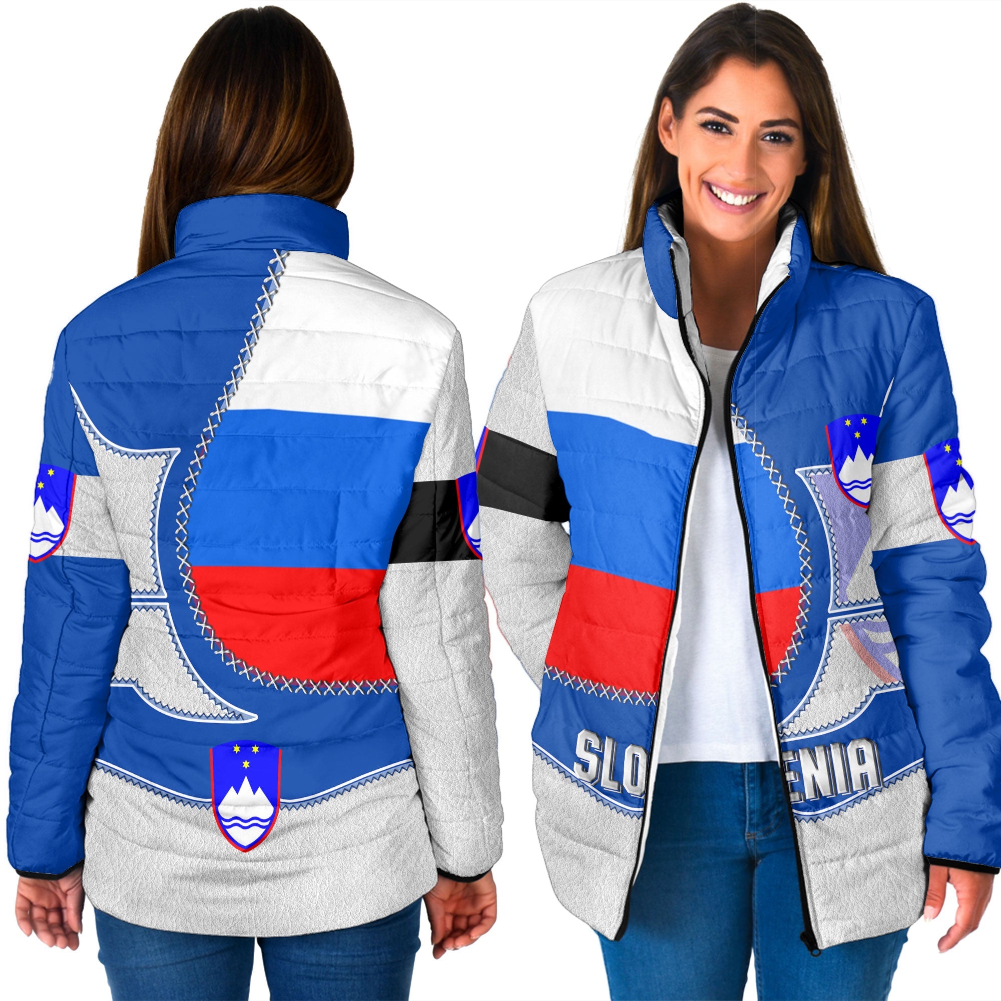 Slovenia Women Padded Jacket Flag & Coat Of Arms Leather Style