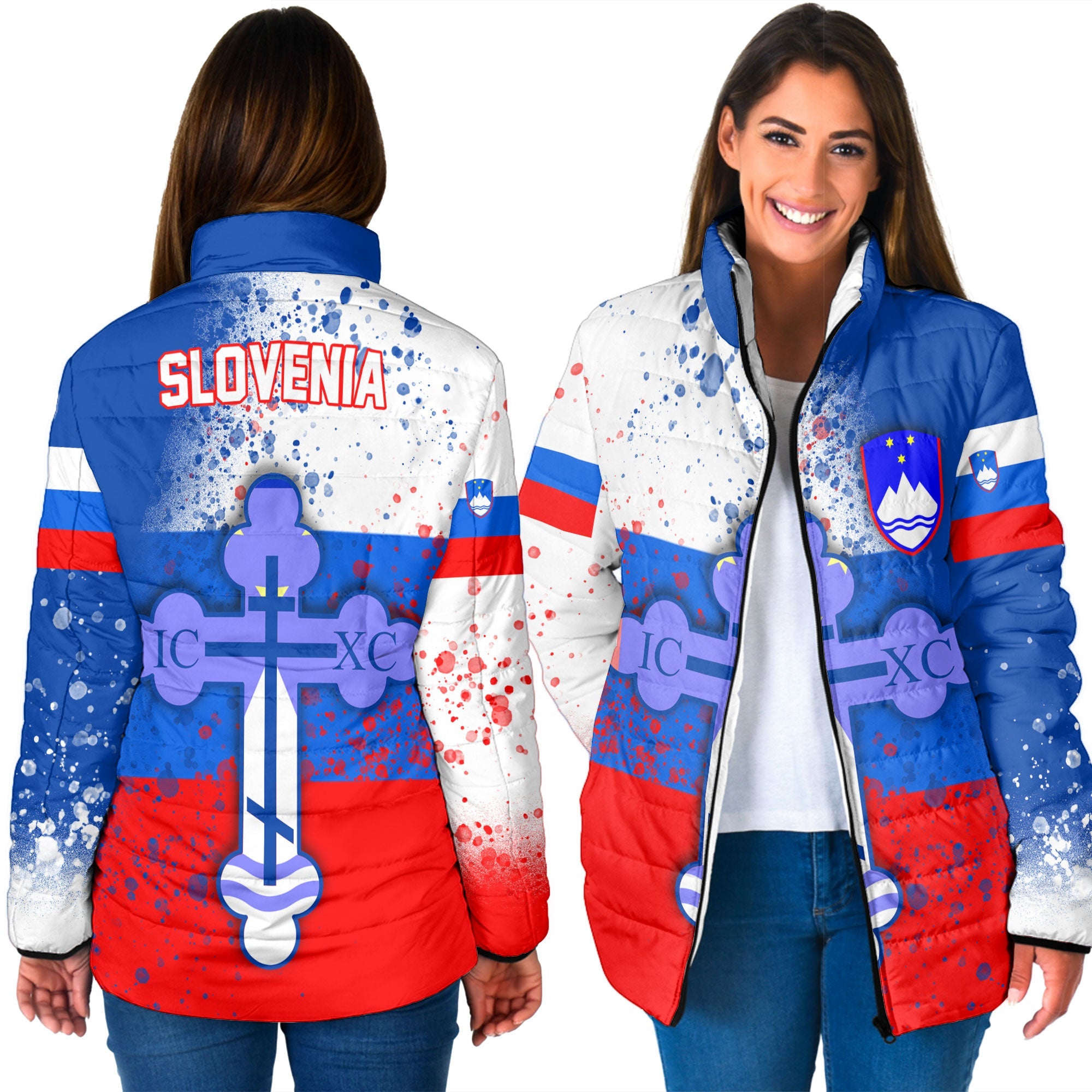 Slovenia Women Padded Jacket Flag & Coat Of Arms Orthodox Style