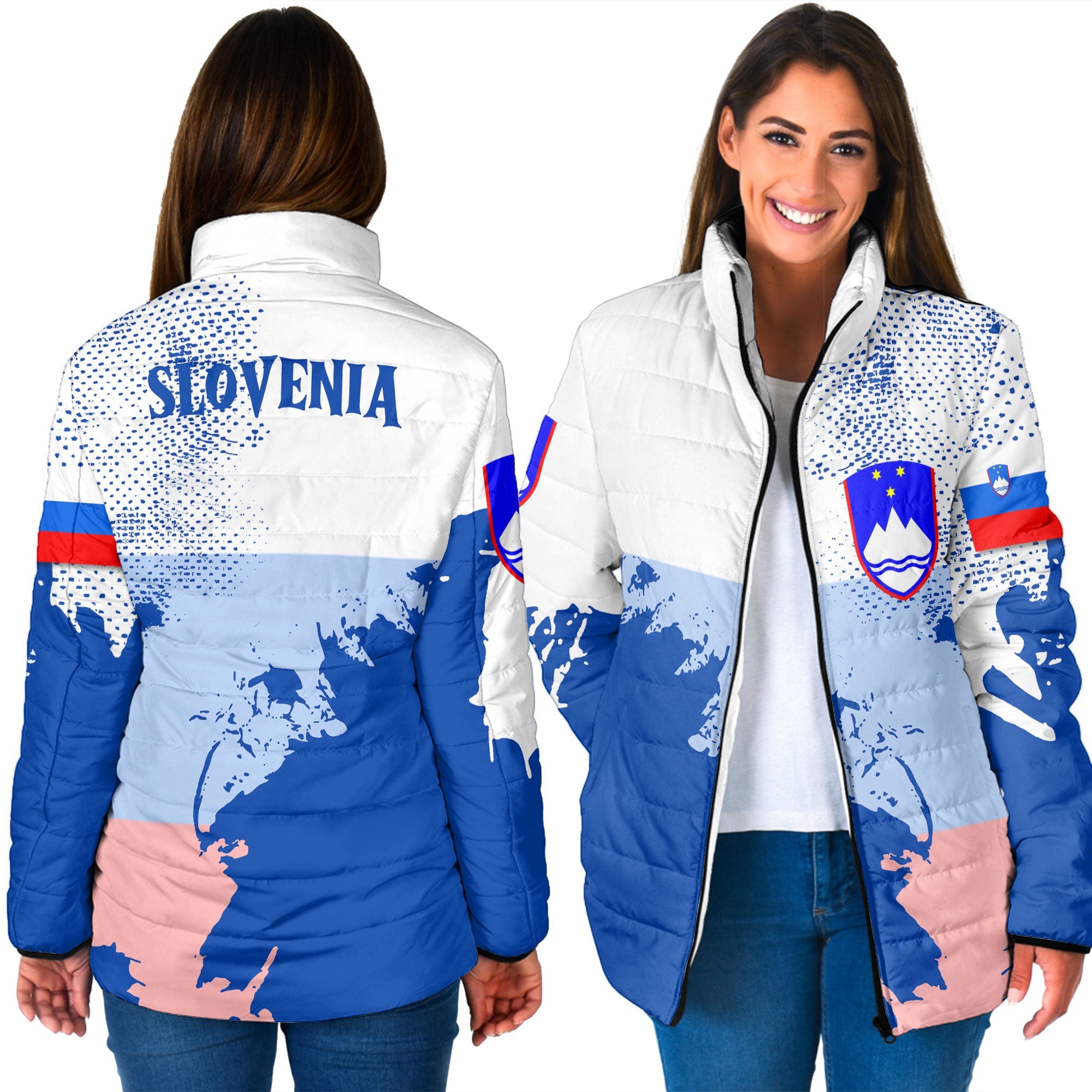 Slovenia Women Padded Jacket Flag & Coat Of Arms Paint Style