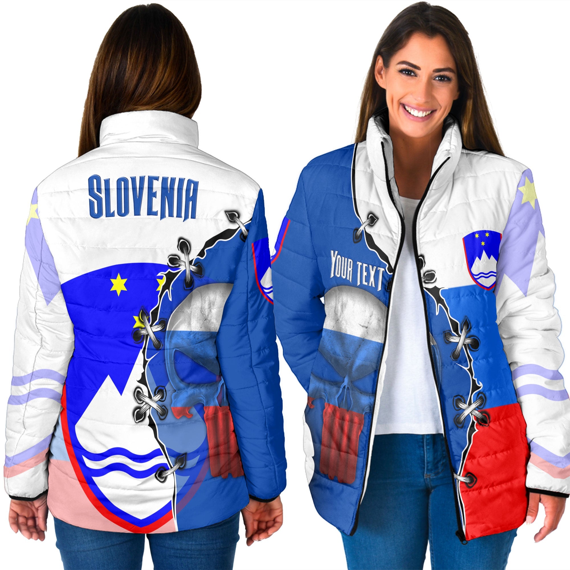 Slovenia Women Padded Jacket Flag & Coat Of Arms Skull Style